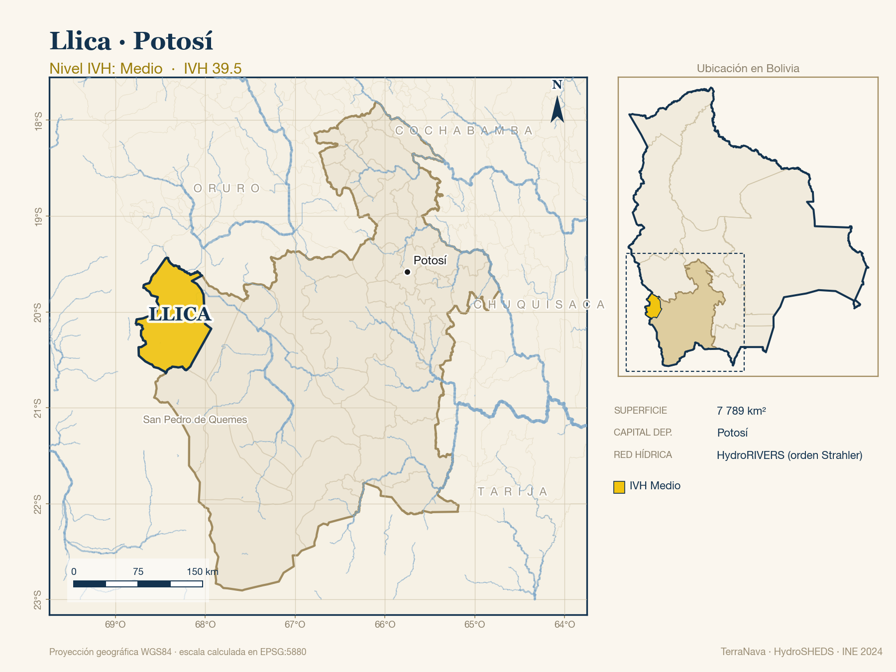 Mapa localizador de Llica (Potosí): zoom departamental con red hídrica HydroRIVERS, municipio destacado por nivel IVH y ubicación en Bolivia