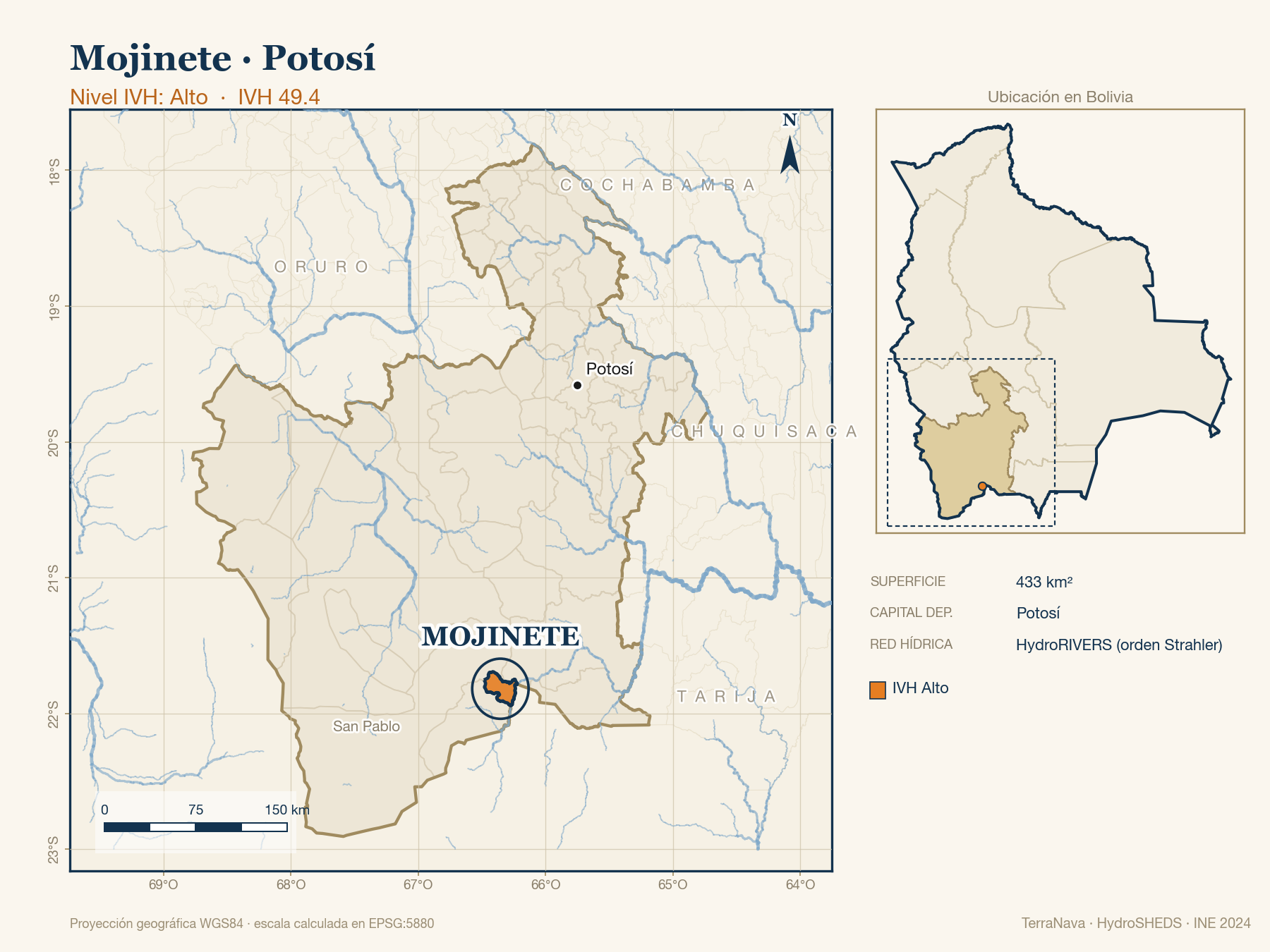 Mapa localizador de Mojinete (Potosí): zoom departamental con red hídrica HydroRIVERS, municipio destacado por nivel IVH y ubicación en Bolivia