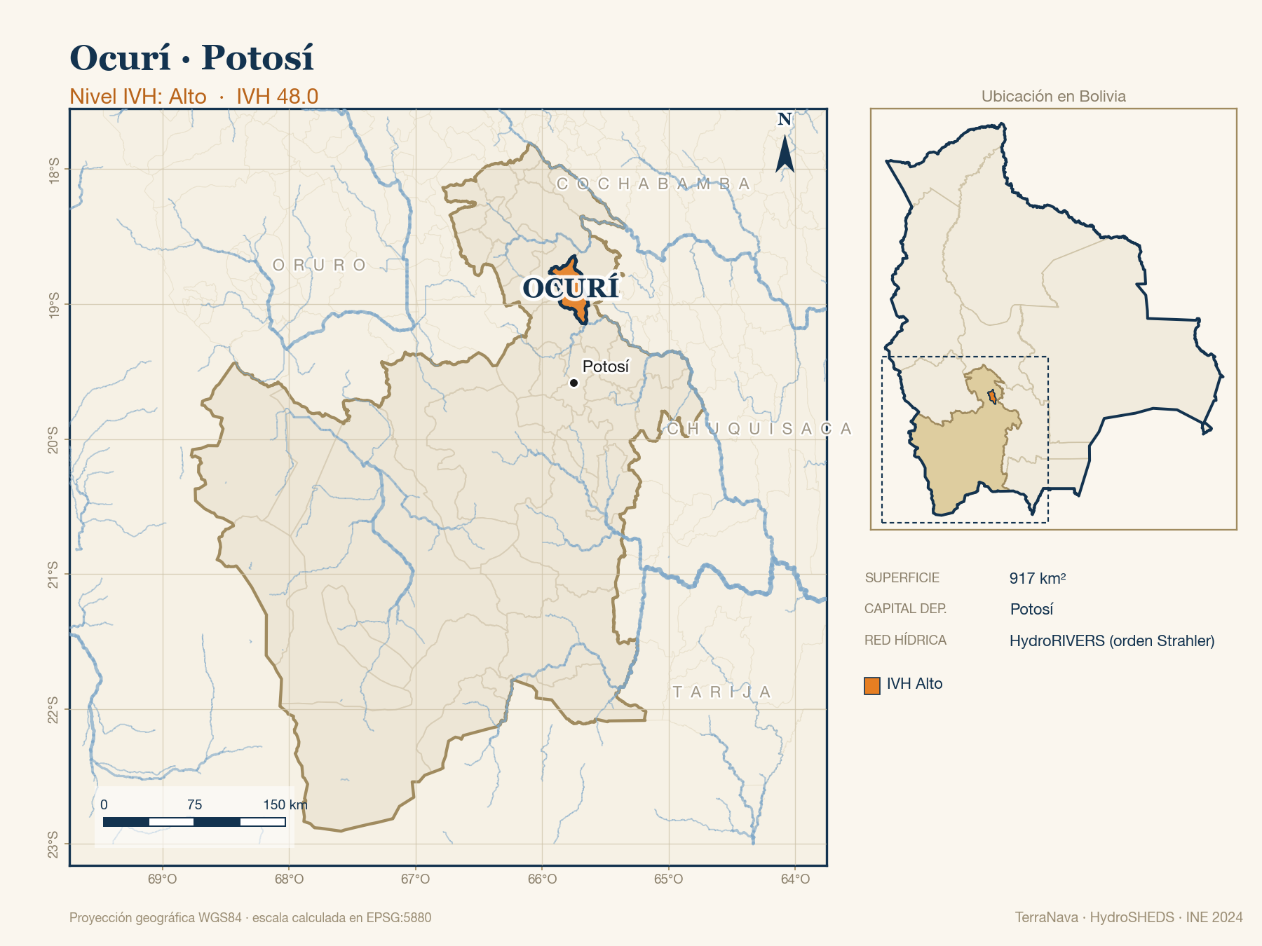 Mapa localizador de Ocurí (Potosí): zoom departamental con red hídrica HydroRIVERS, municipio destacado por nivel IVH y ubicación en Bolivia