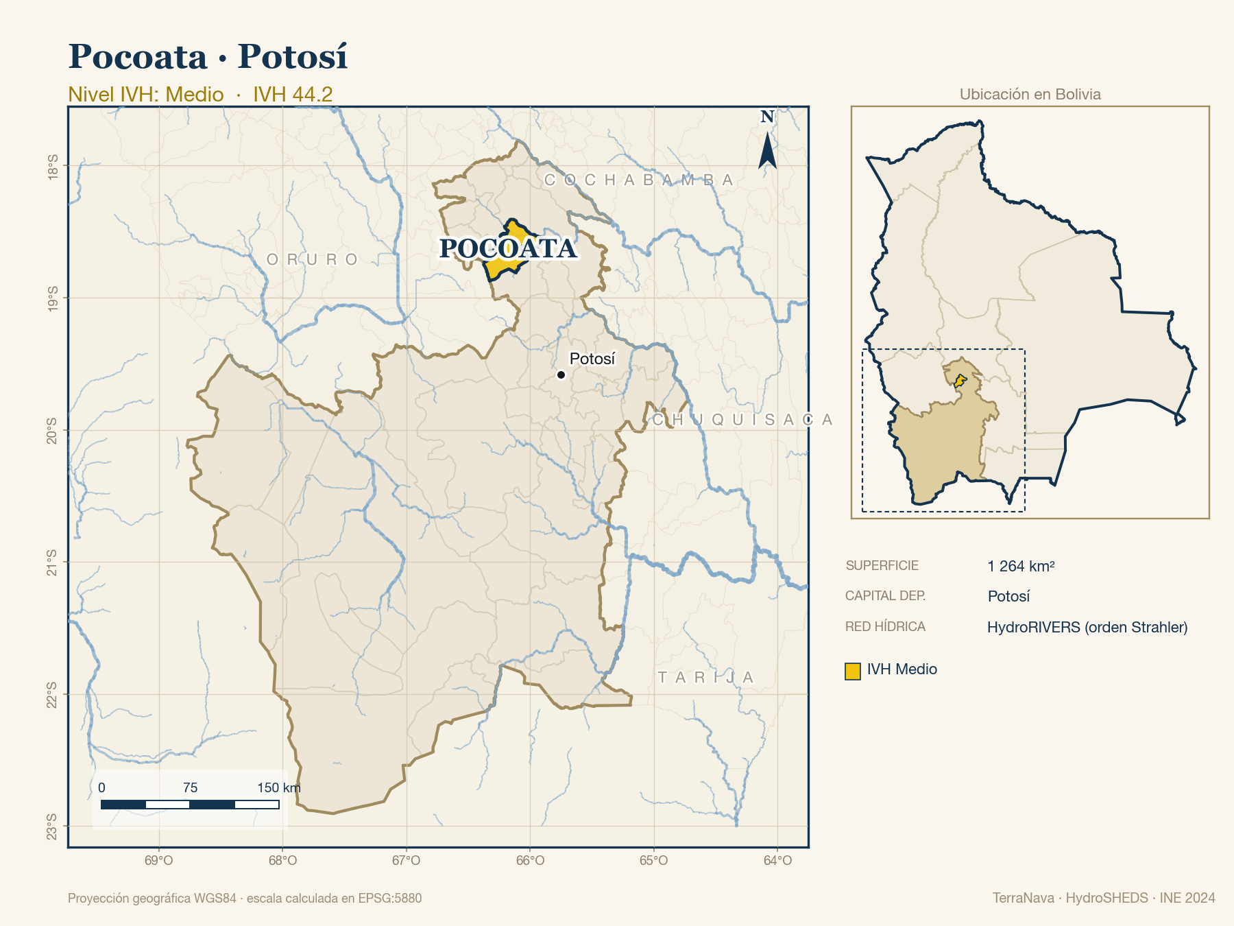 Mapa localizador de Pocoata (Potosí): zoom departamental con red hídrica HydroRIVERS, municipio destacado por nivel IVH y ubicación en Bolivia