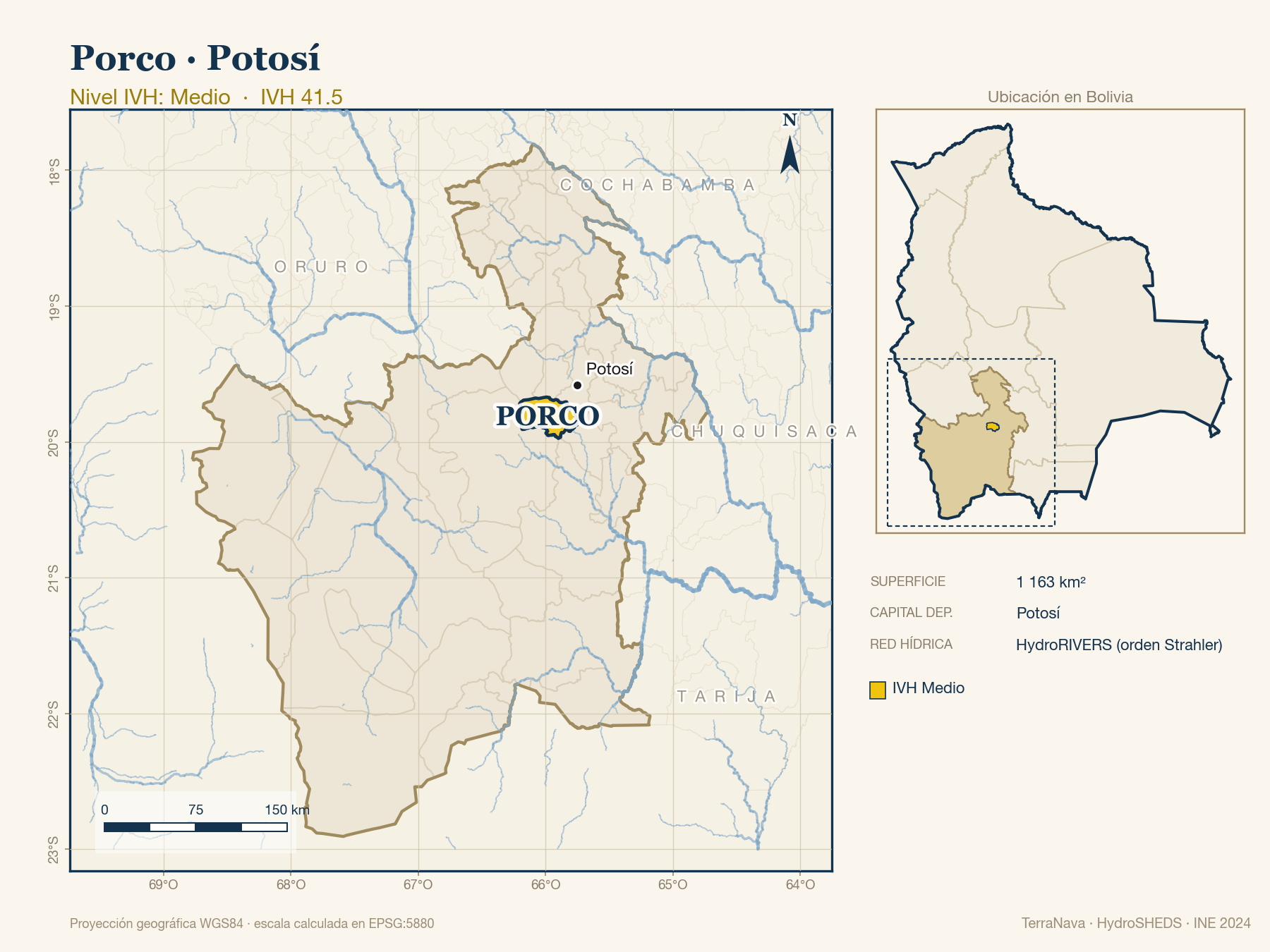 Mapa localizador de Porco (Potosí): zoom departamental con red hídrica HydroRIVERS, municipio destacado por nivel IVH y ubicación en Bolivia