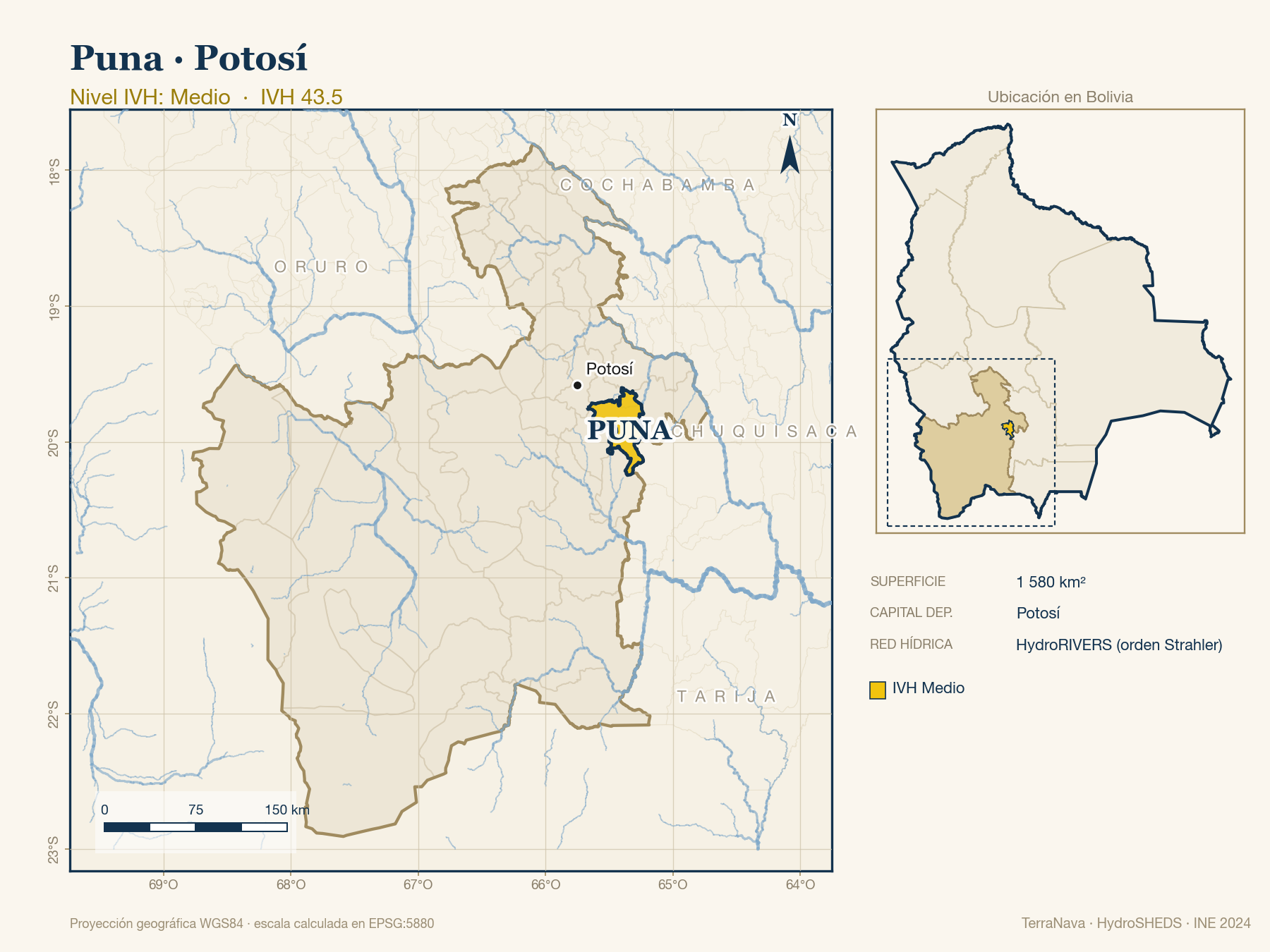 Mapa localizador de Puna (Potosí): zoom departamental con red hídrica HydroRIVERS, municipio destacado por nivel IVH y ubicación en Bolivia