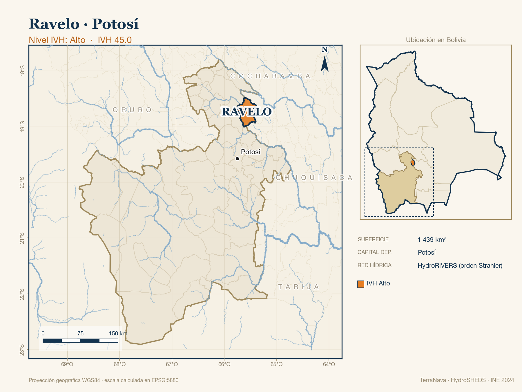 Mapa localizador de Ravelo (Potosí): zoom departamental con red hídrica HydroRIVERS, municipio destacado por nivel IVH y ubicación en Bolivia