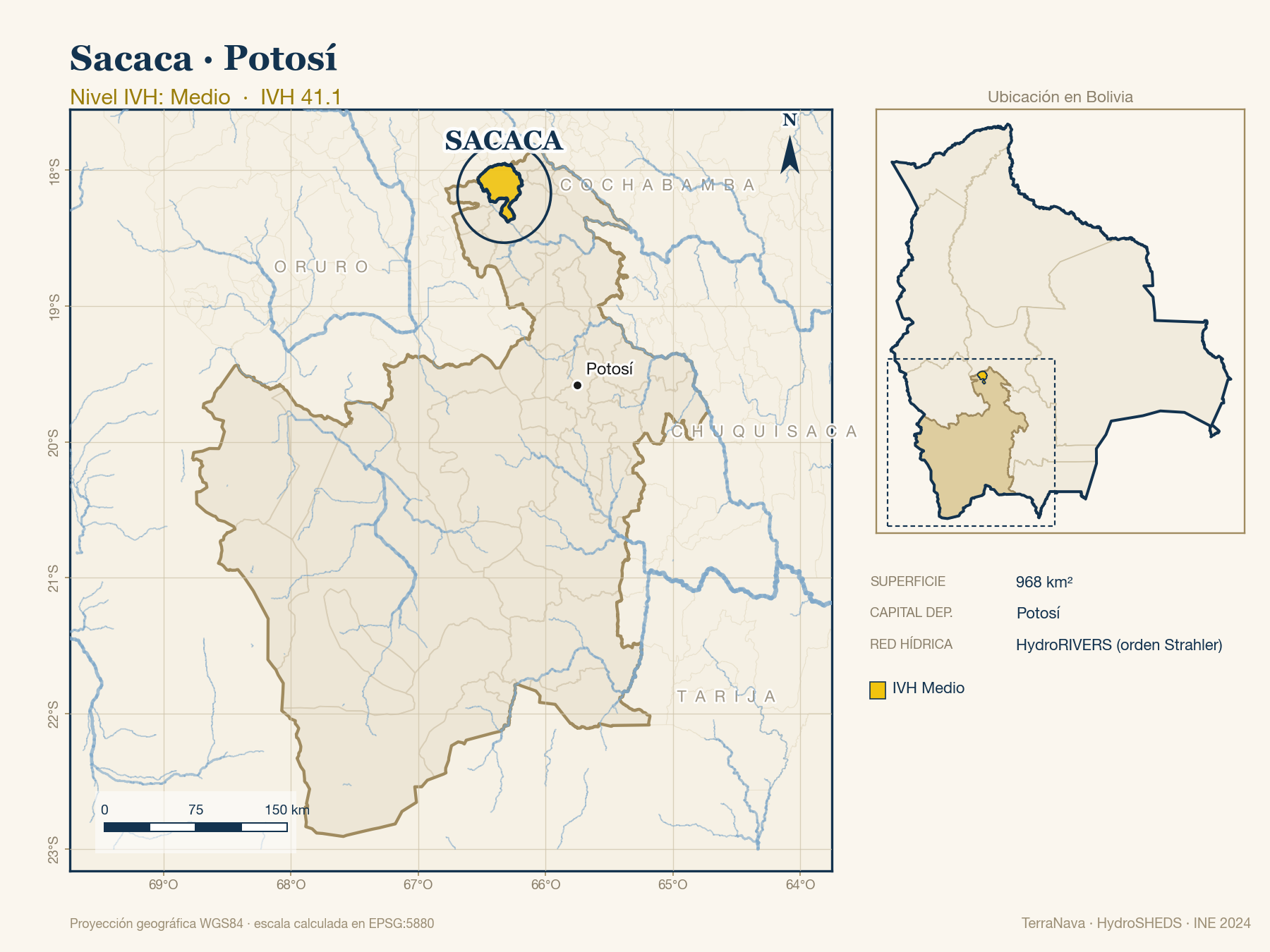 Mapa localizador de Sacaca (Potosí): zoom departamental con red hídrica HydroRIVERS, municipio destacado por nivel IVH y ubicación en Bolivia