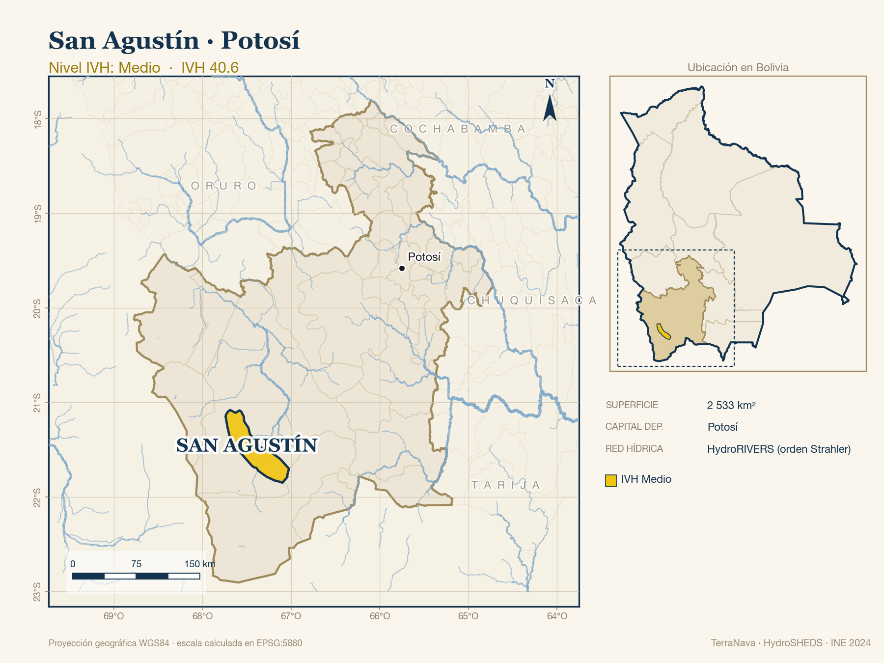 Mapa localizador de San Agustín (Potosí): zoom departamental con red hídrica HydroRIVERS, municipio destacado por nivel IVH y ubicación en Bolivia