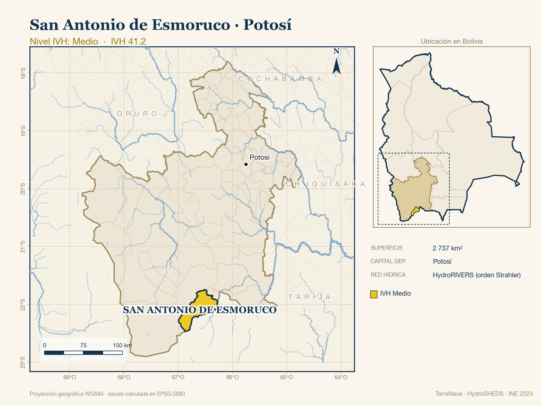 Mapa localizador de San Antonio de Esmoruco (Potosí): zoom departamental con red hídrica HydroRIVERS, municipio destacado por nivel IVH y ubicación en Bolivia