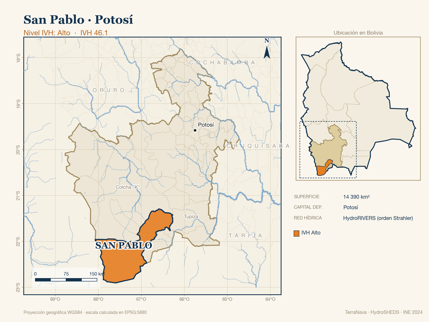 Mapa localizador de San Pablo (Potosí): zoom departamental con red hídrica HydroRIVERS, municipio destacado por nivel IVH y ubicación en Bolivia