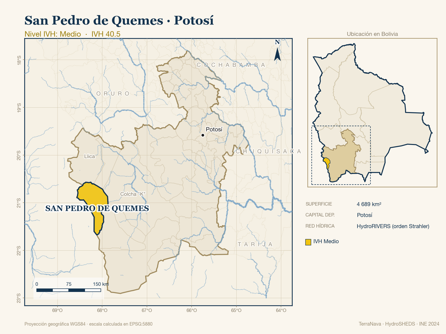 Mapa localizador de San Pedro de Quemes (Potosí): zoom departamental con red hídrica HydroRIVERS, municipio destacado por nivel IVH y ubicación en Bolivia