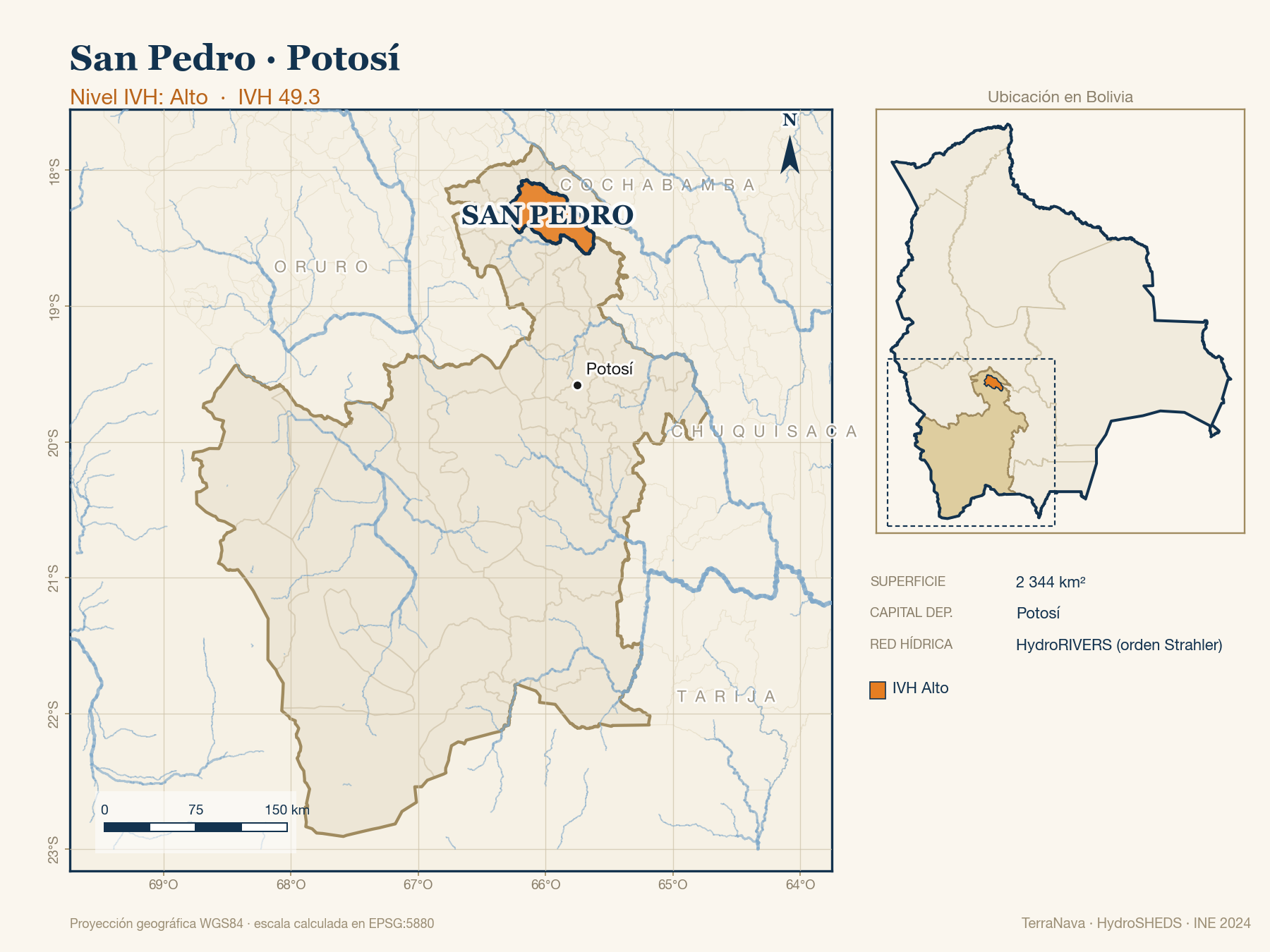 Mapa localizador de San Pedro (Potosí): zoom departamental con red hídrica HydroRIVERS, municipio destacado por nivel IVH y ubicación en Bolivia