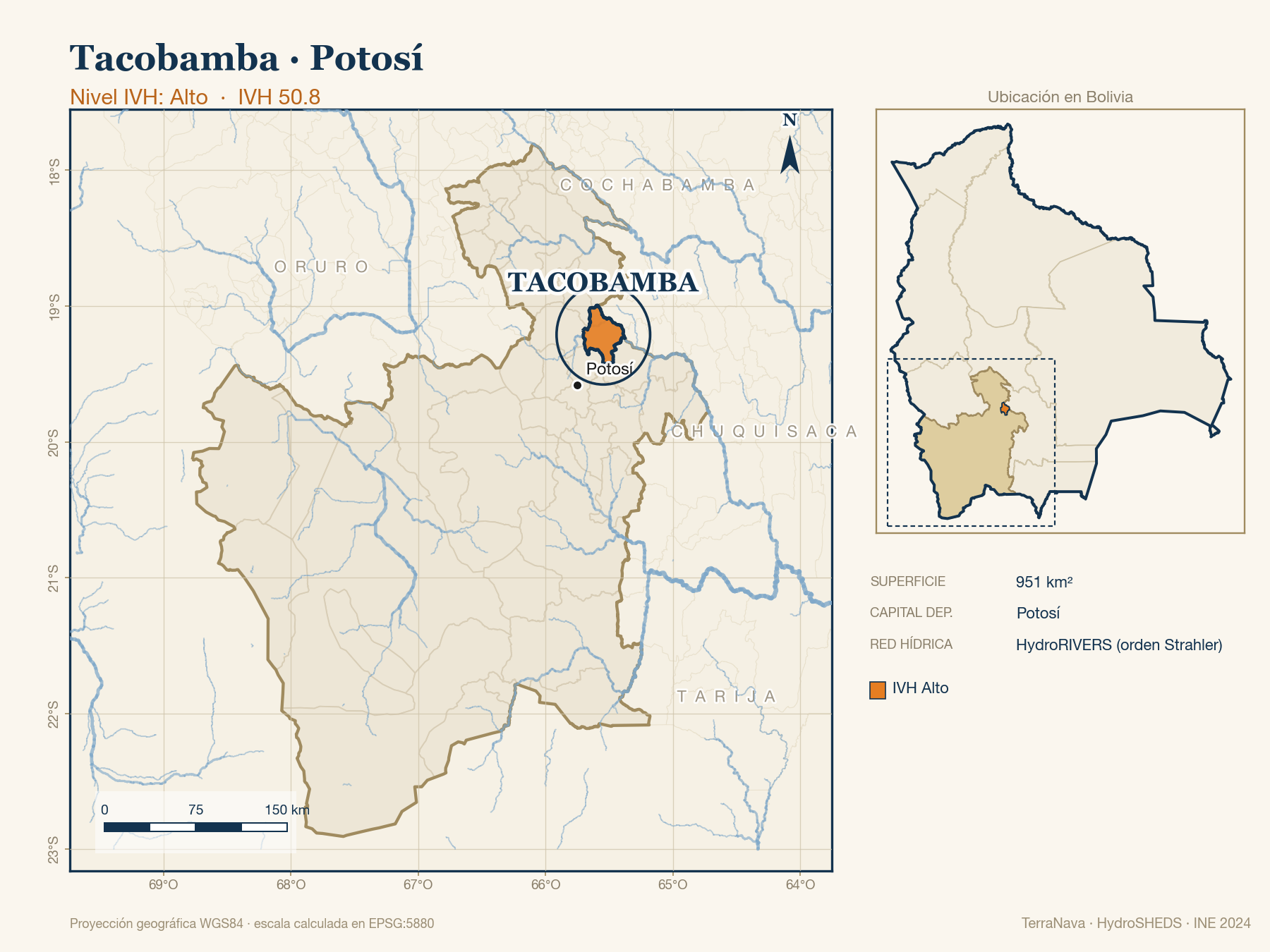 Mapa localizador de Tacobamba (Potosí): zoom departamental con red hídrica HydroRIVERS, municipio destacado por nivel IVH y ubicación en Bolivia