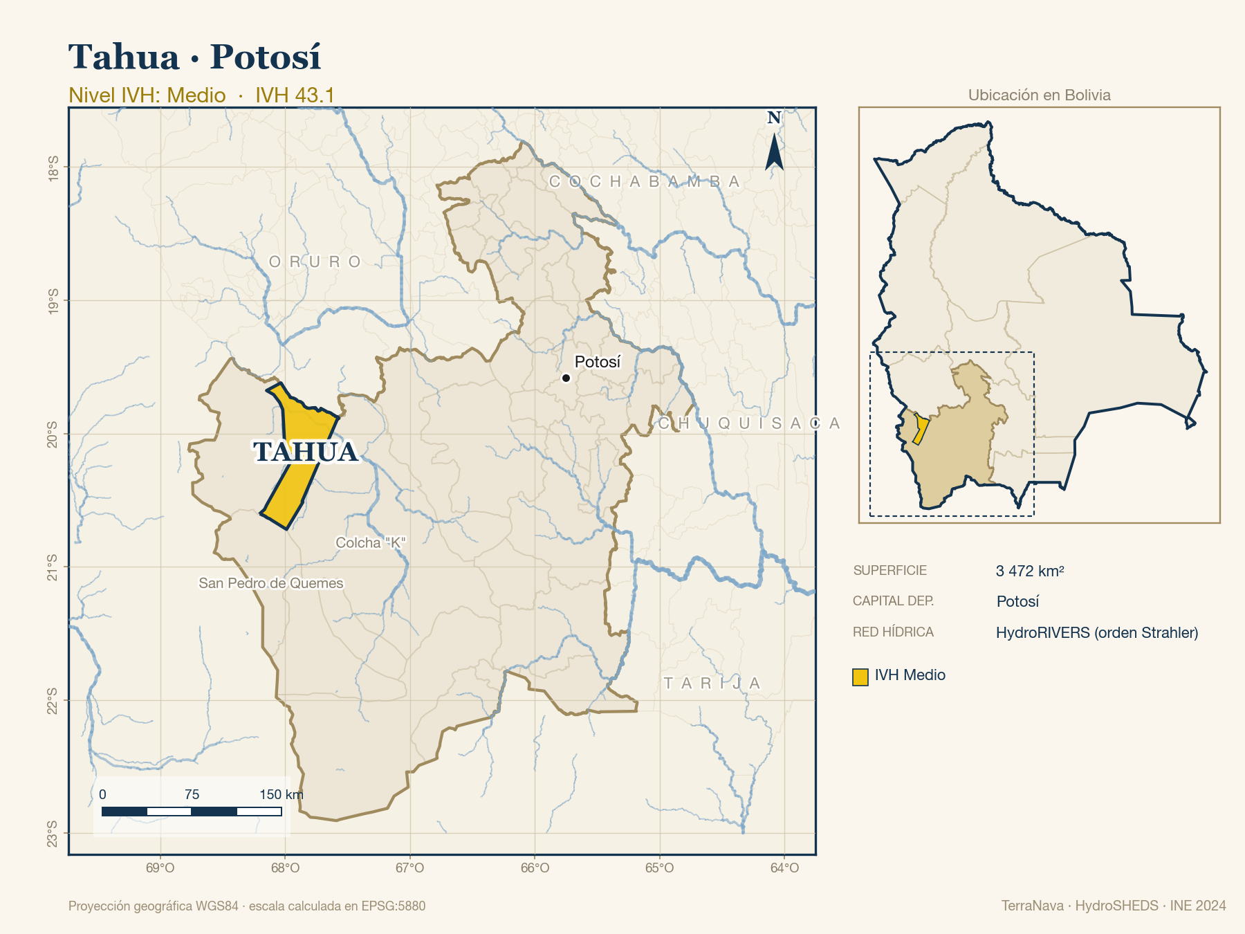 Mapa localizador de Tahua (Potosí): zoom departamental con red hídrica HydroRIVERS, municipio destacado por nivel IVH y ubicación en Bolivia