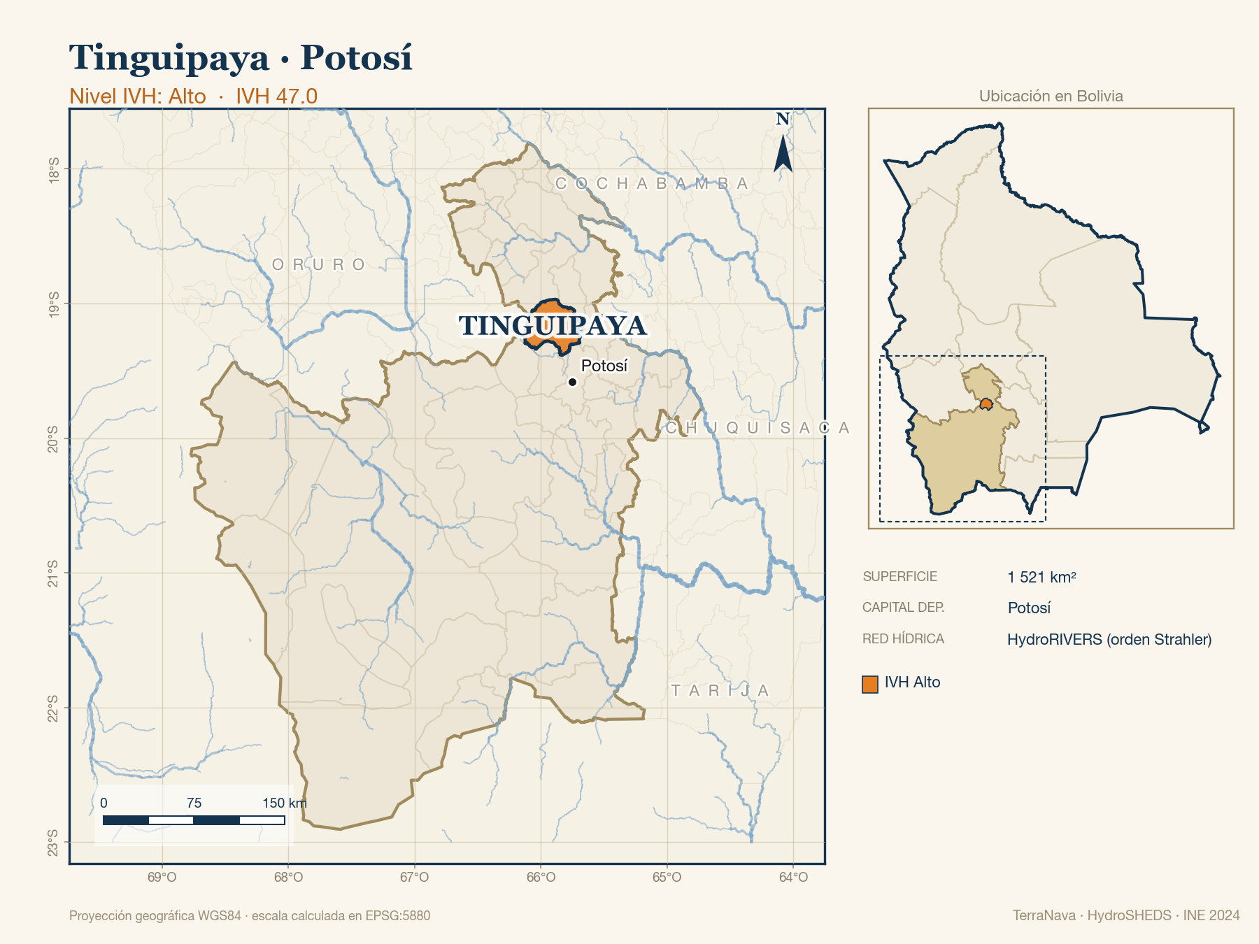 Mapa localizador de Tinguipaya (Potosí): zoom departamental con red hídrica HydroRIVERS, municipio destacado por nivel IVH y ubicación en Bolivia