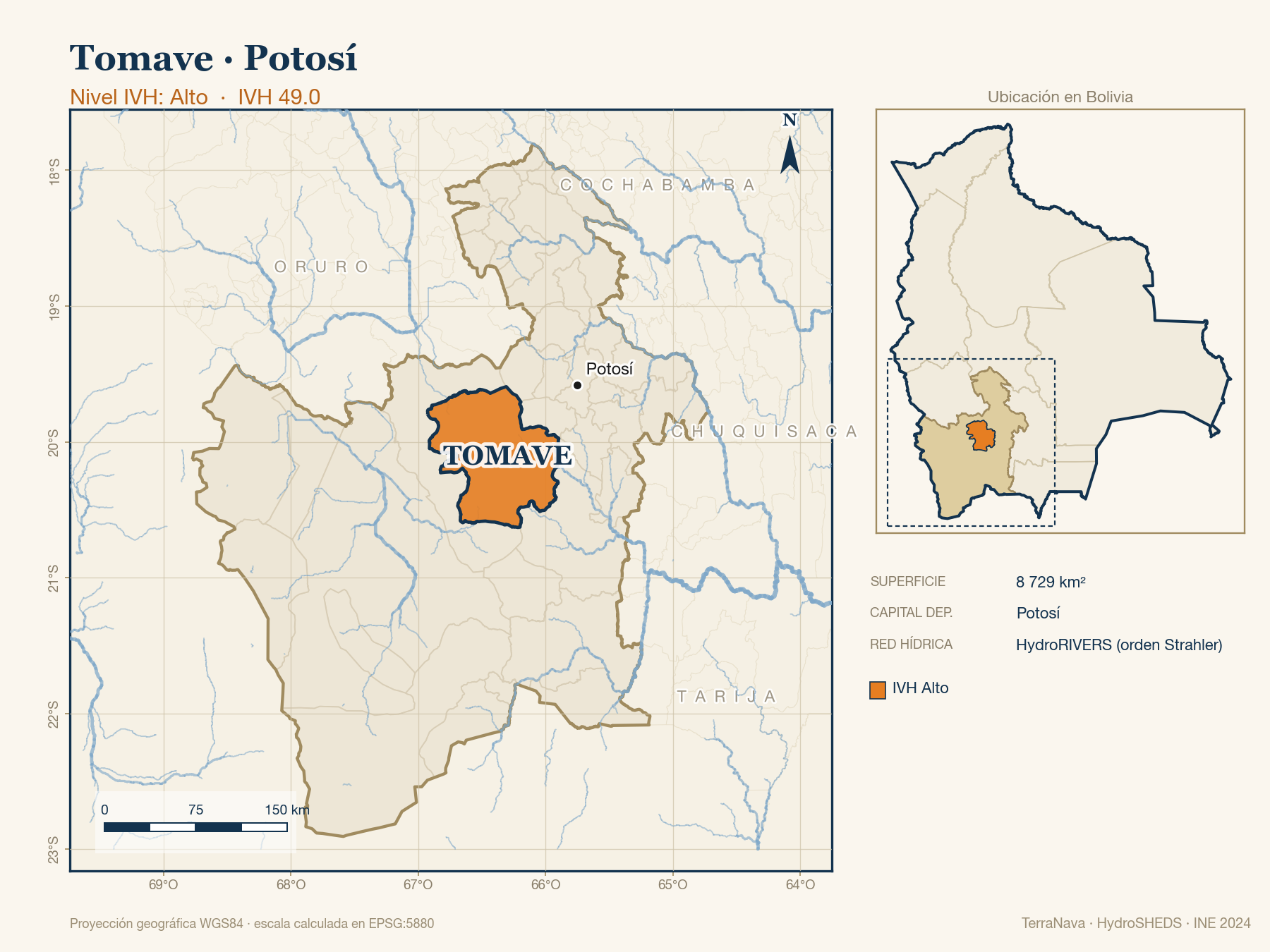 Mapa localizador de Tomave (Potosí): zoom departamental con red hídrica HydroRIVERS, municipio destacado por nivel IVH y ubicación en Bolivia
