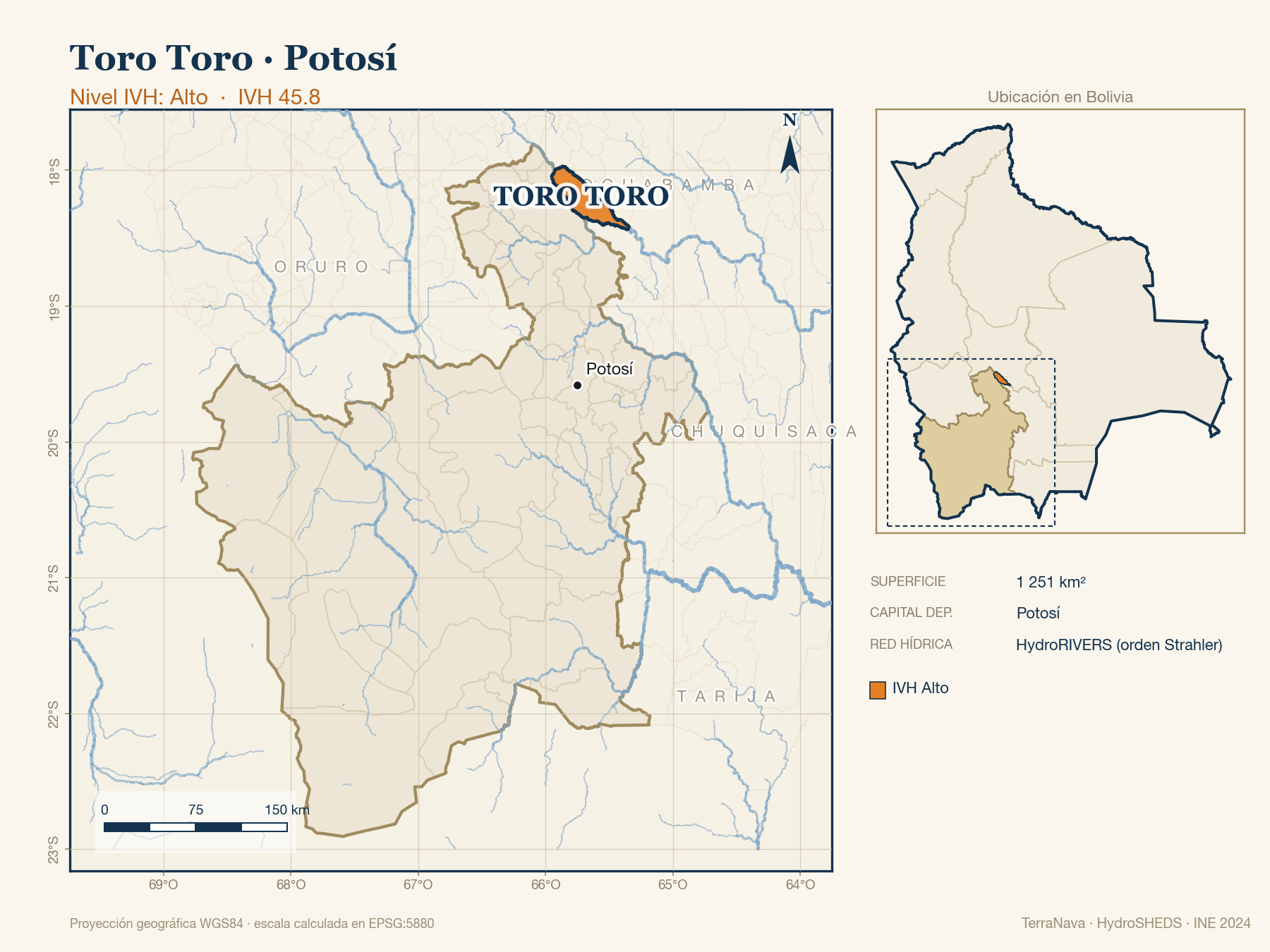 Mapa localizador de Toro Toro (Potosí): zoom departamental con red hídrica HydroRIVERS, municipio destacado por nivel IVH y ubicación en Bolivia