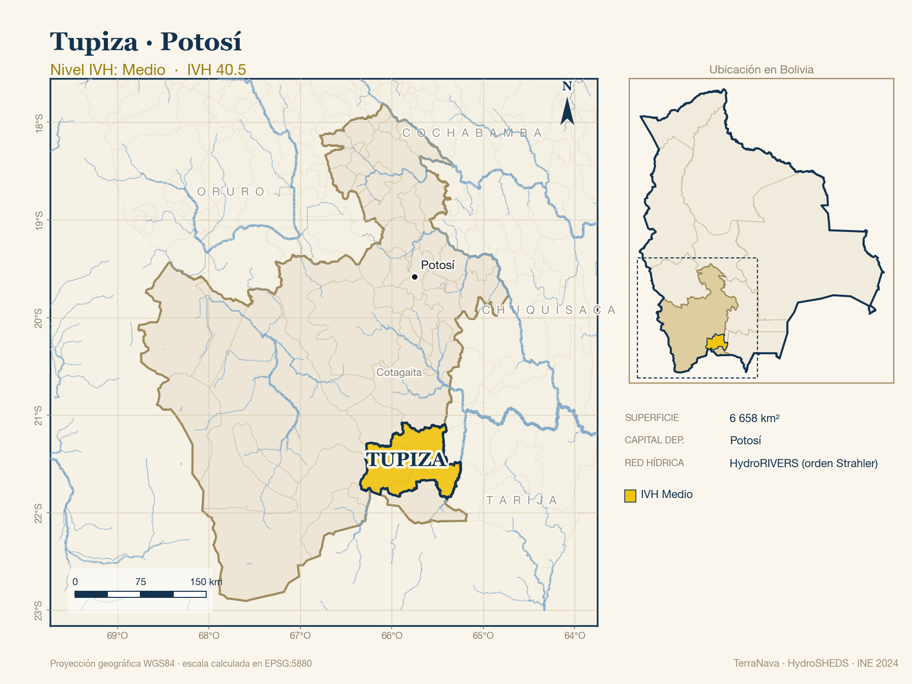 Mapa localizador de Tupiza (Potosí): zoom departamental con red hídrica HydroRIVERS, municipio destacado por nivel IVH y ubicación en Bolivia