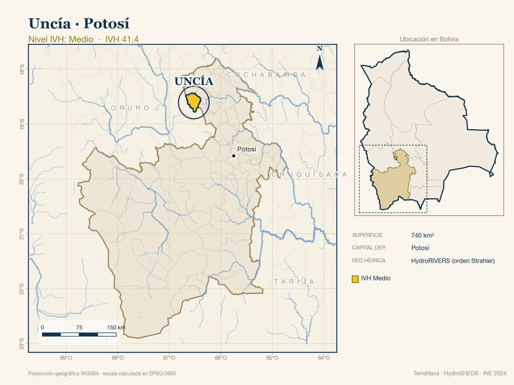 Mapa localizador de Uncía (Potosí): zoom departamental con red hídrica HydroRIVERS, municipio destacado por nivel IVH y ubicación en Bolivia
