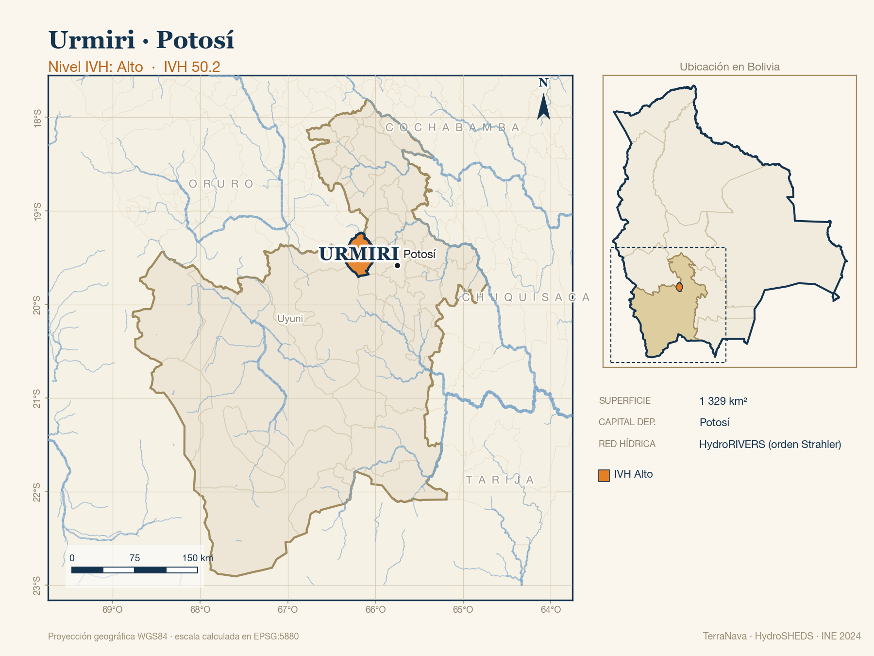 Mapa localizador de Urmiri (Potosí): zoom departamental con red hídrica HydroRIVERS, municipio destacado por nivel IVH y ubicación en Bolivia