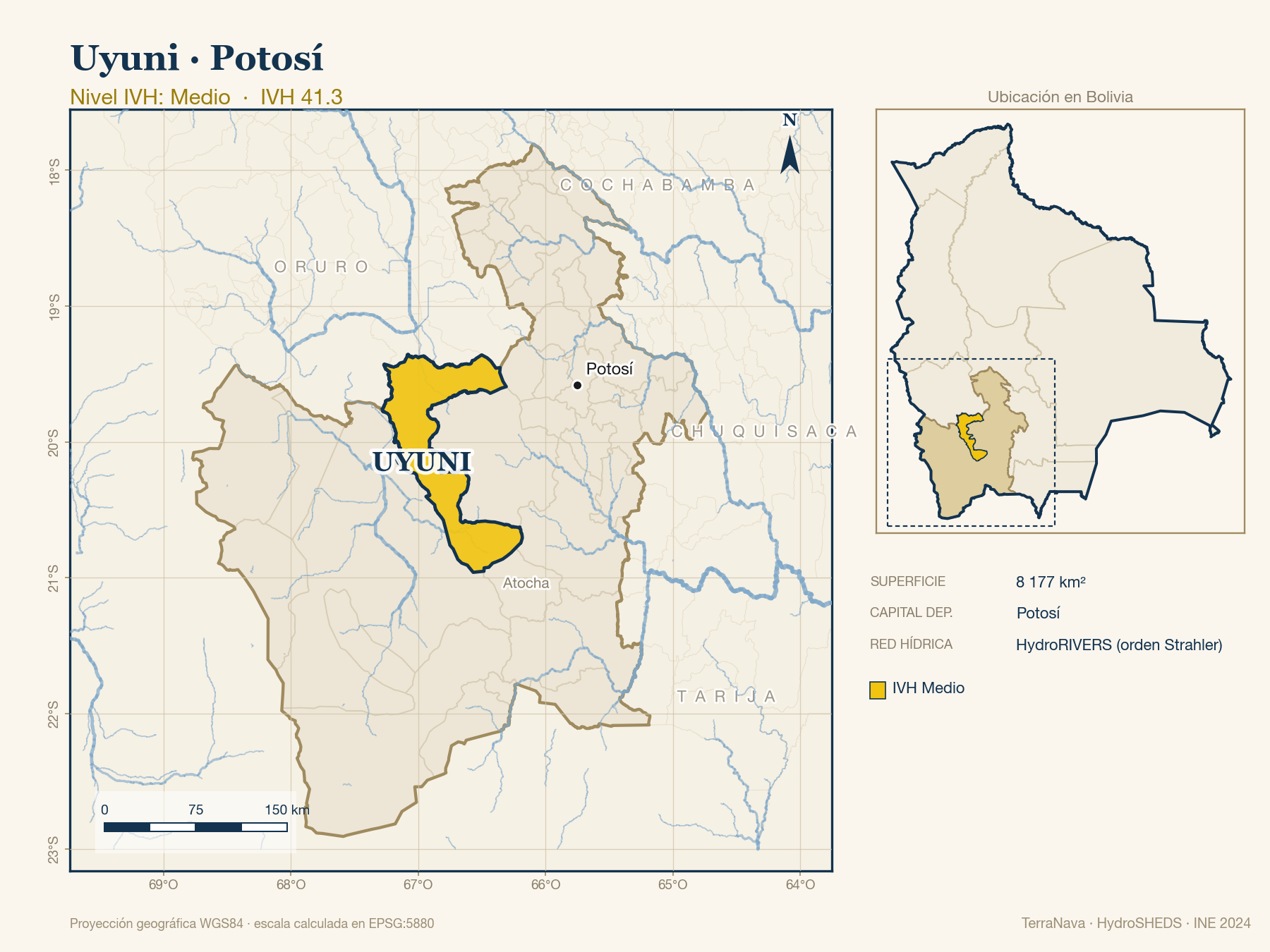 Mapa localizador de Uyuni (Potosí): zoom departamental con red hídrica HydroRIVERS, municipio destacado por nivel IVH y ubicación en Bolivia