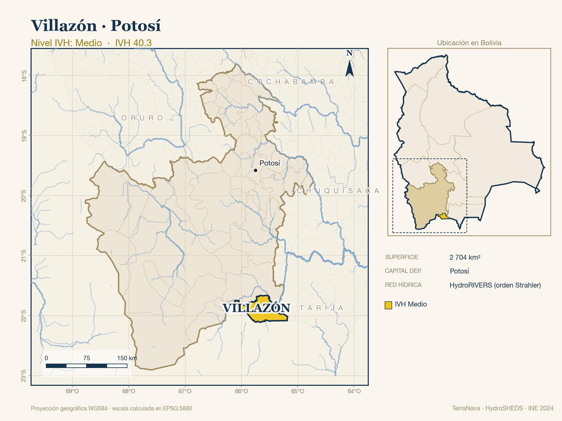 Mapa localizador de Villazón (Potosí): zoom departamental con red hídrica HydroRIVERS, municipio destacado por nivel IVH y ubicación en Bolivia
