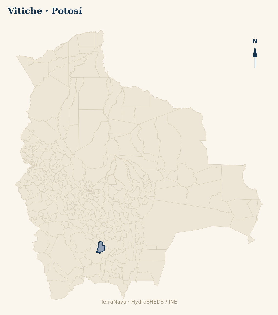 Mapa localizador de Vitiche (Potosí): zoom departamental con red hídrica HydroRIVERS, municipio destacado por nivel IVH y ubicación en Bolivia