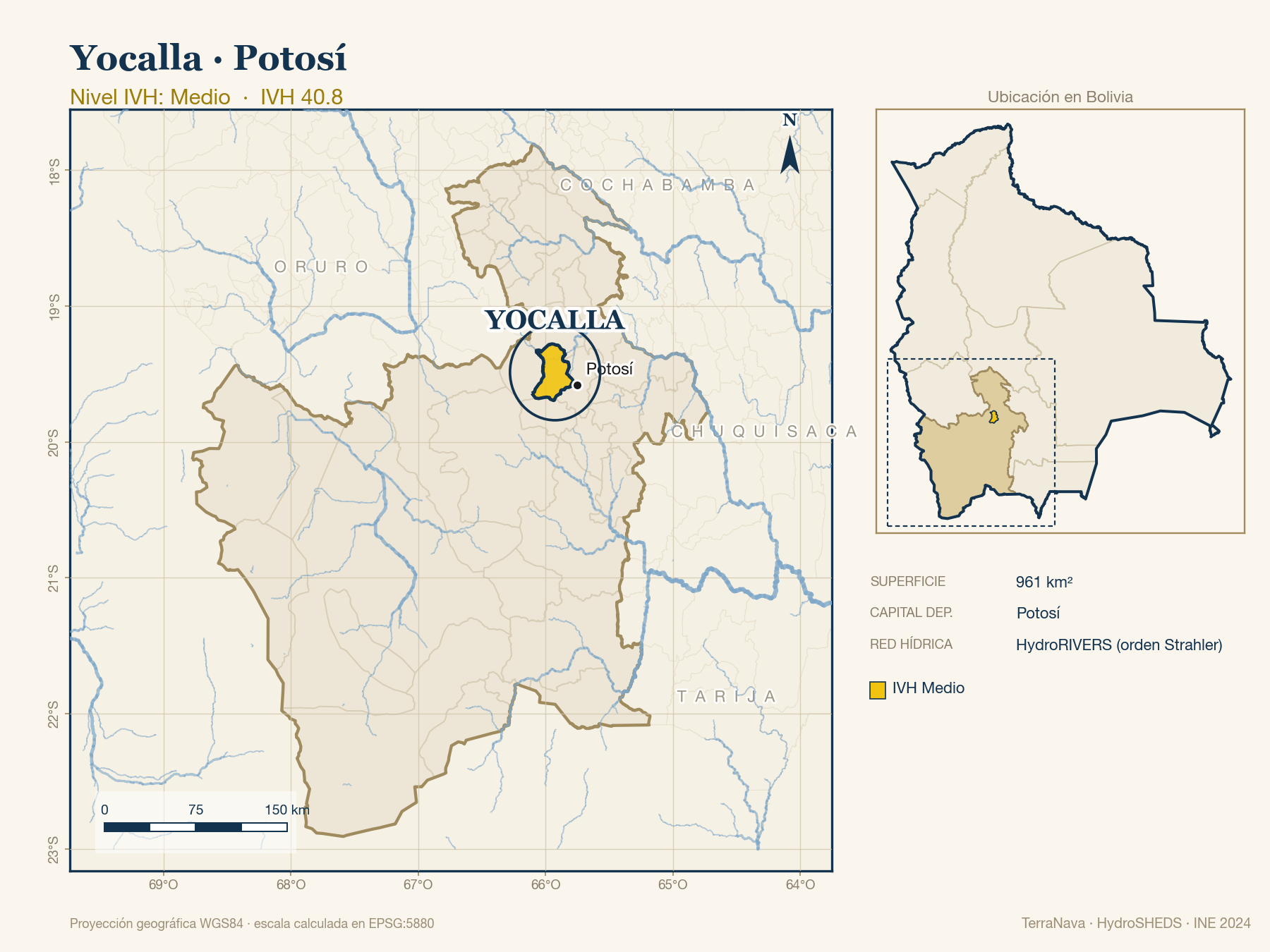 Mapa localizador de Yocalla (Potosí): zoom departamental con red hídrica HydroRIVERS, municipio destacado por nivel IVH y ubicación en Bolivia