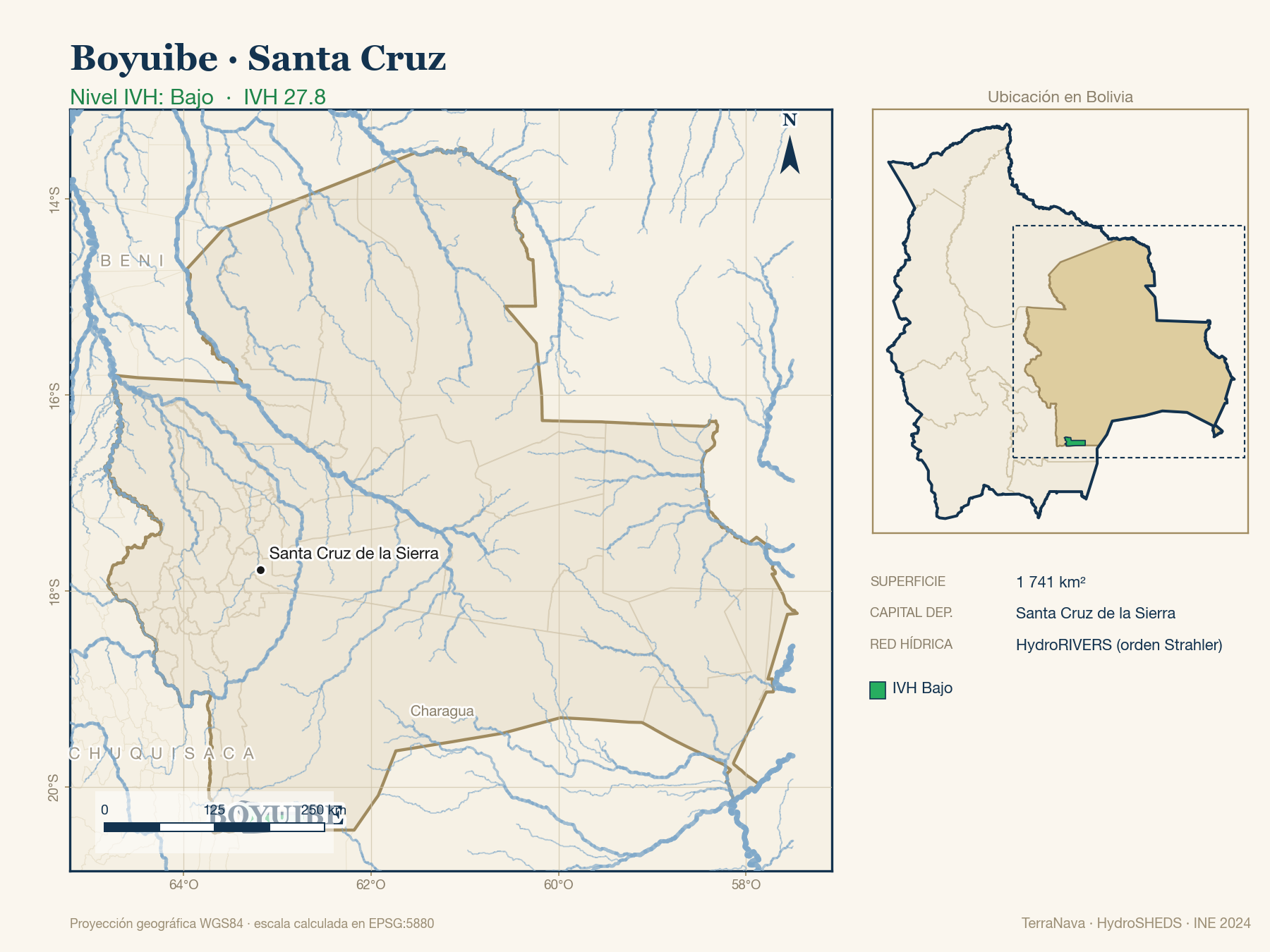 Mapa localizador de Boyuibe (Santa Cruz): zoom departamental con red hídrica HydroRIVERS, municipio destacado por nivel IVH y ubicación en Bolivia