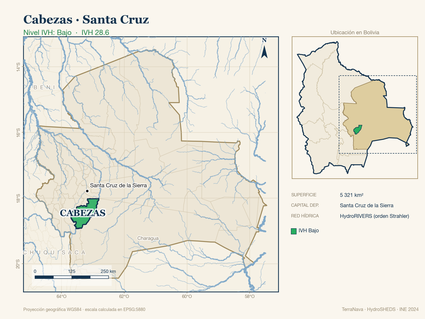 Mapa localizador de Cabezas (Santa Cruz): zoom departamental con red hídrica HydroRIVERS, municipio destacado por nivel IVH y ubicación en Bolivia