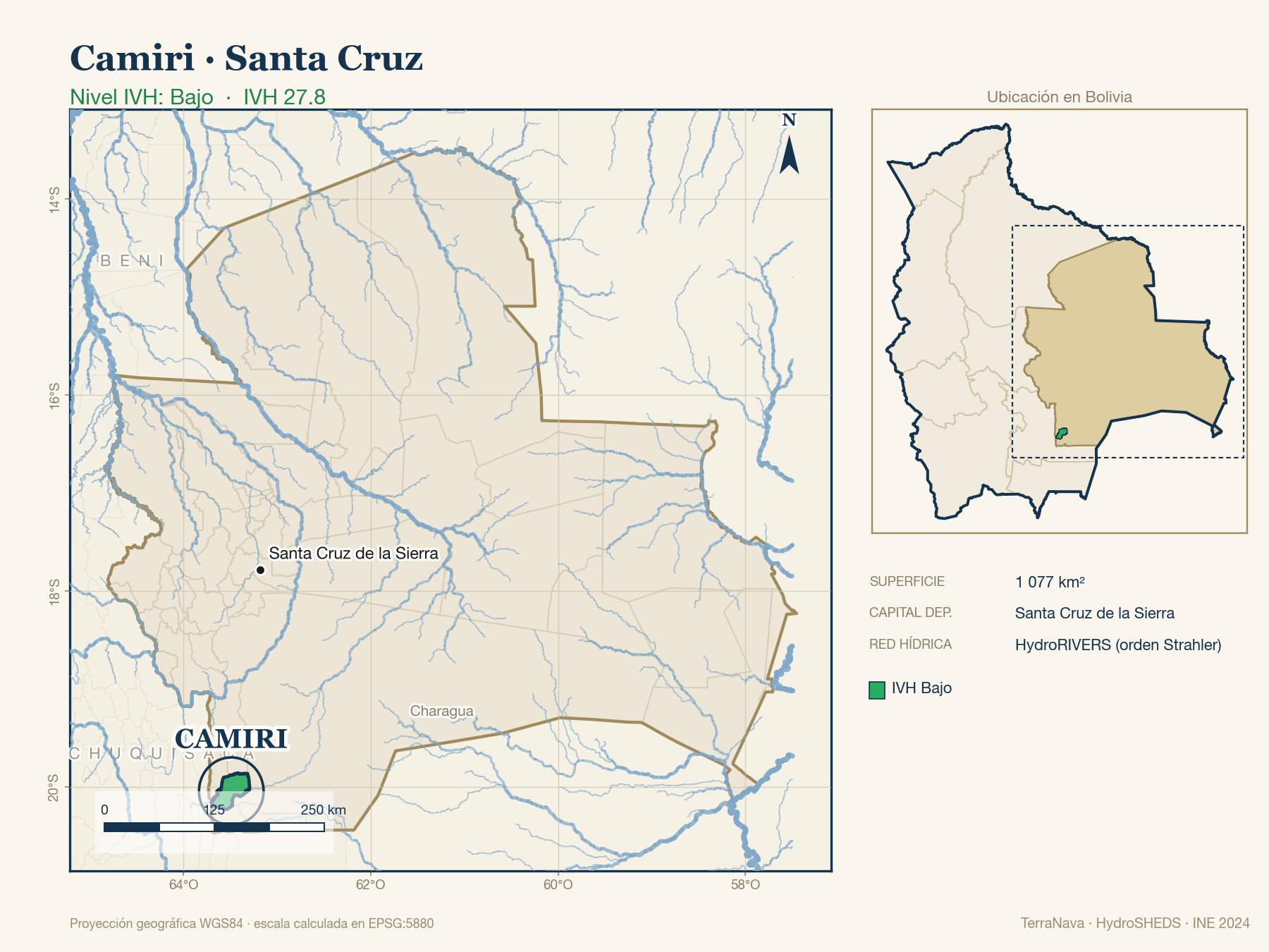 Mapa localizador de Camiri (Santa Cruz): zoom departamental con red hídrica HydroRIVERS, municipio destacado por nivel IVH y ubicación en Bolivia