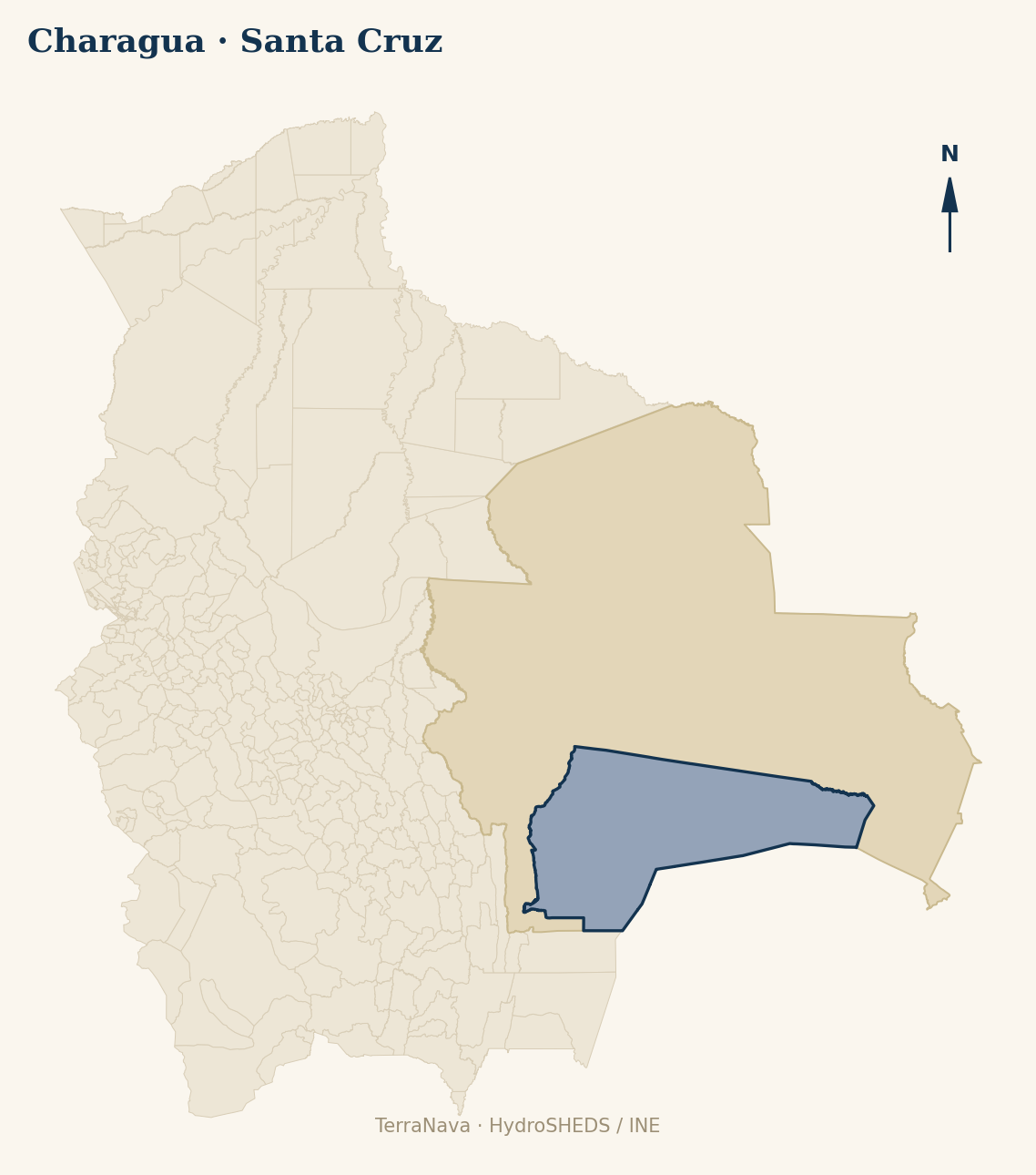Mapa localizador de Charagua (Santa Cruz): zoom departamental con red hídrica HydroRIVERS, municipio destacado por nivel IVH y ubicación en Bolivia