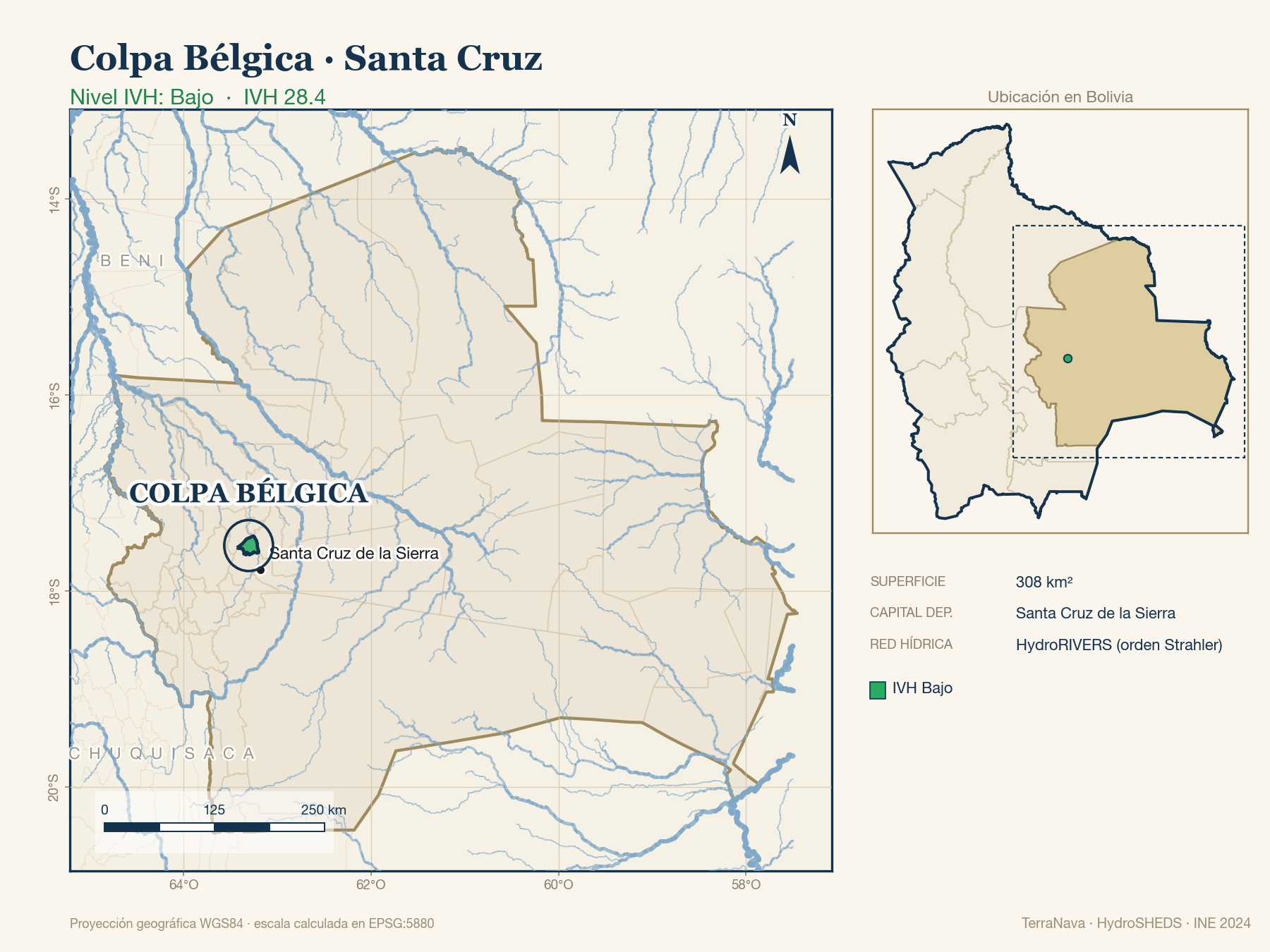 Mapa localizador de Colpa Bélgica (Santa Cruz): zoom departamental con red hídrica HydroRIVERS, municipio destacado por nivel IVH y ubicación en Bolivia