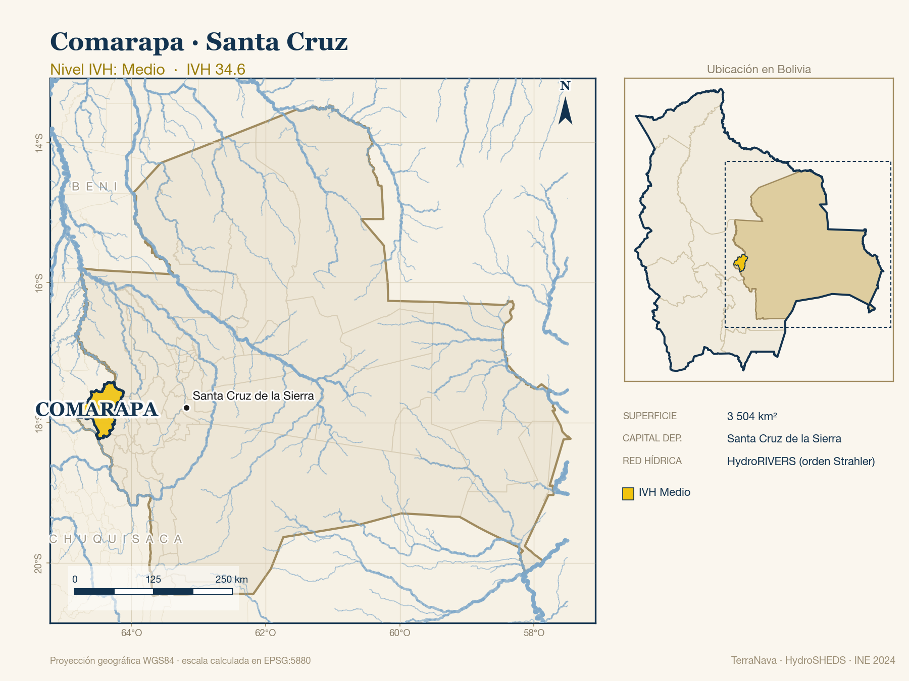 Mapa localizador de Comarapa (Santa Cruz): zoom departamental con red hídrica HydroRIVERS, municipio destacado por nivel IVH y ubicación en Bolivia