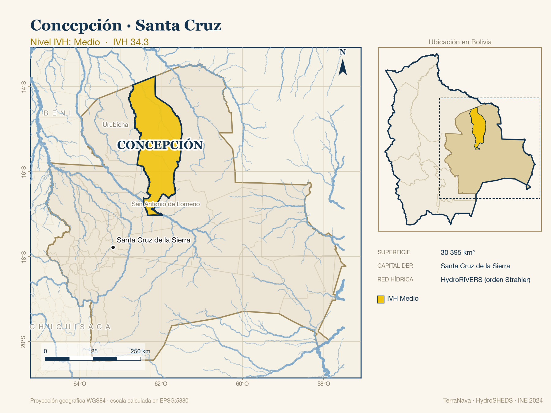 Mapa localizador de Concepción (Santa Cruz): zoom departamental con red hídrica HydroRIVERS, municipio destacado por nivel IVH y ubicación en Bolivia