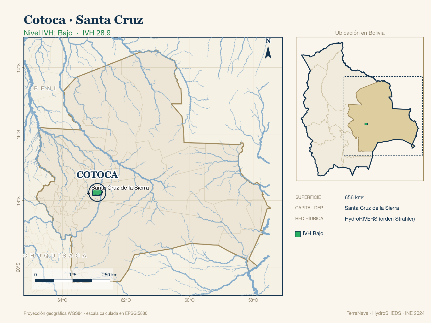 Mapa localizador de Cotoca (Santa Cruz): zoom departamental con red hídrica HydroRIVERS, municipio destacado por nivel IVH y ubicación en Bolivia