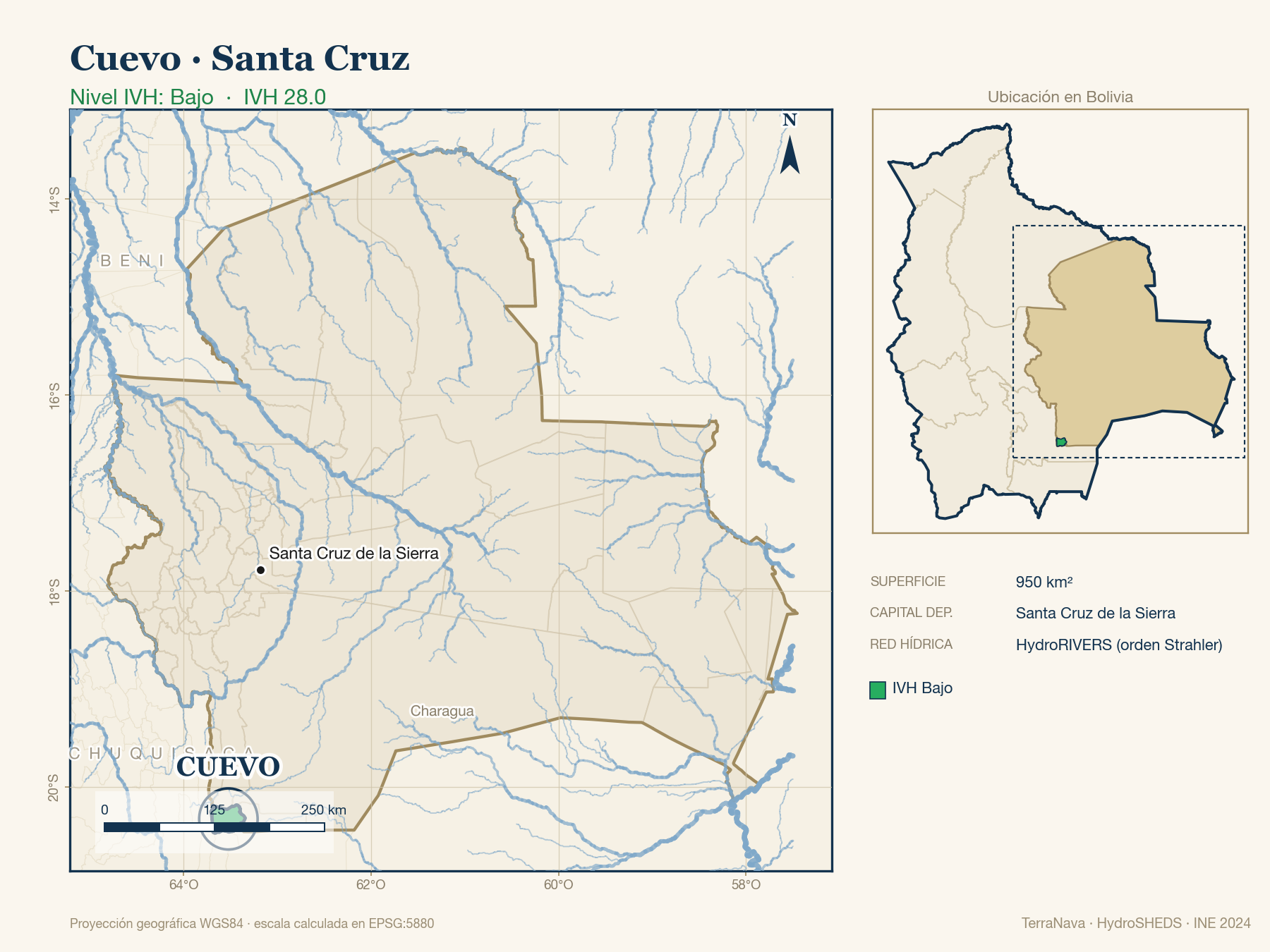 Mapa localizador de Cuevo (Santa Cruz): zoom departamental con red hídrica HydroRIVERS, municipio destacado por nivel IVH y ubicación en Bolivia