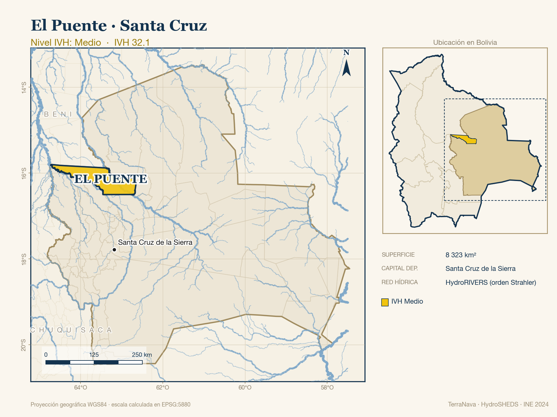 Mapa localizador de El Puente (Santa Cruz): zoom departamental con red hídrica HydroRIVERS, municipio destacado por nivel IVH y ubicación en Bolivia