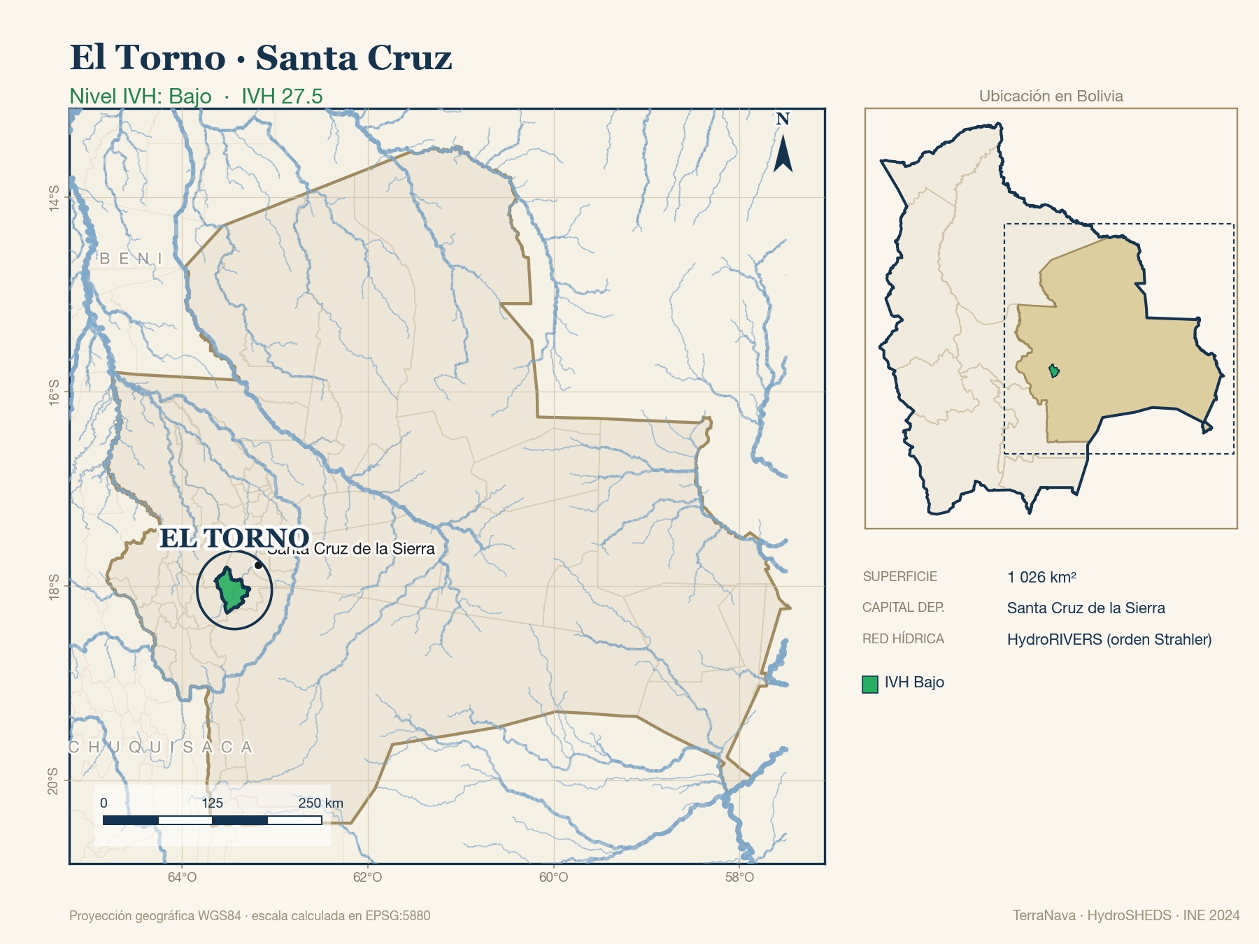 Mapa localizador de El Torno (Santa Cruz): zoom departamental con red hídrica HydroRIVERS, municipio destacado por nivel IVH y ubicación en Bolivia