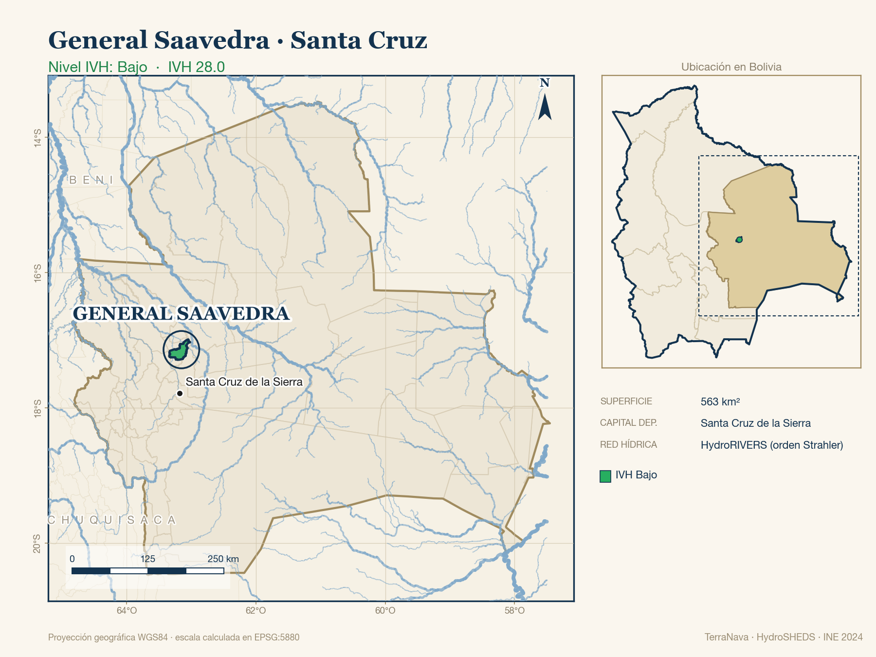 Mapa localizador de General Saavedra (Santa Cruz): zoom departamental con red hídrica HydroRIVERS, municipio destacado por nivel IVH y ubicación en Bolivia
