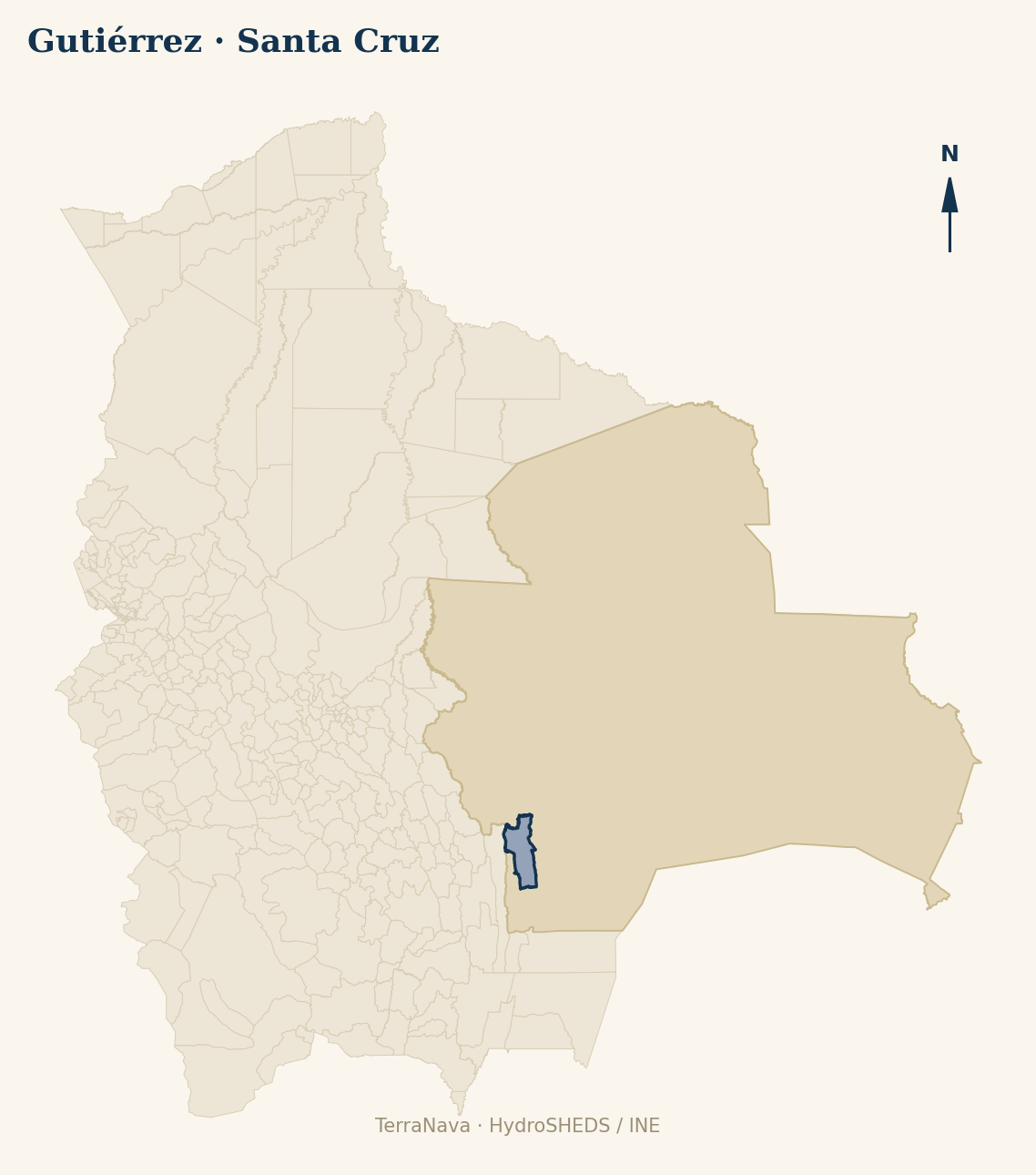 Mapa localizador de Gutiérrez (Santa Cruz): zoom departamental con red hídrica HydroRIVERS, municipio destacado por nivel IVH y ubicación en Bolivia