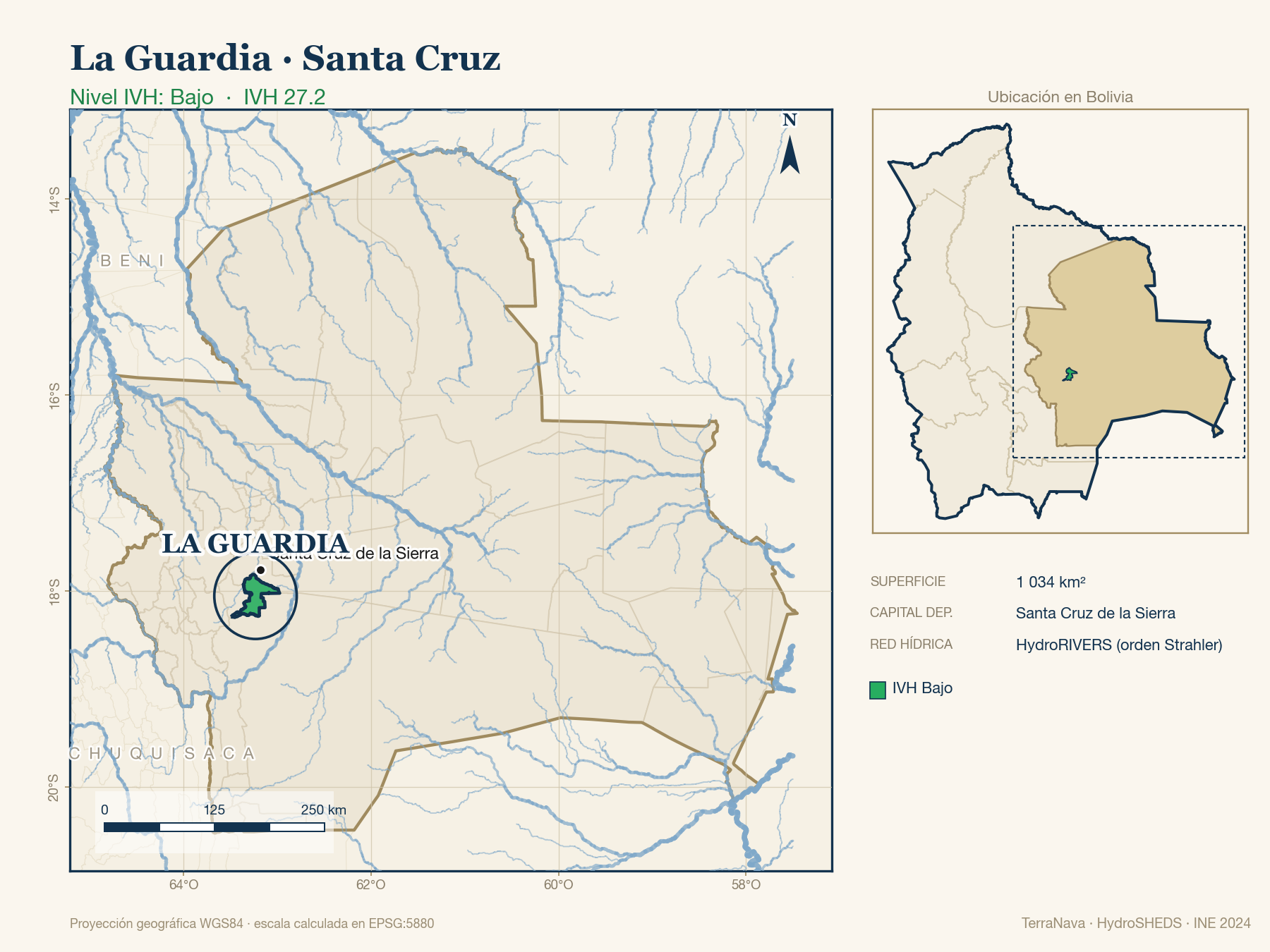 Mapa localizador de La Guardia (Santa Cruz): zoom departamental con red hídrica HydroRIVERS, municipio destacado por nivel IVH y ubicación en Bolivia