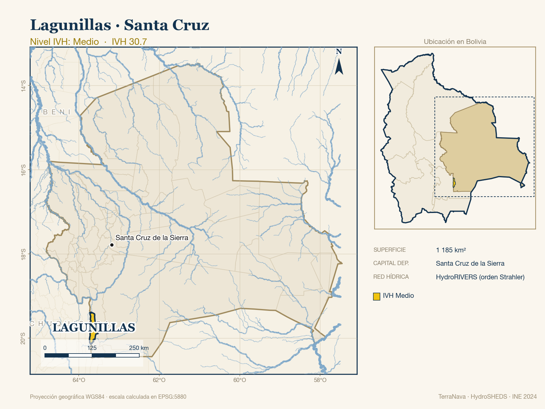 Mapa localizador de Lagunillas (Santa Cruz): zoom departamental con red hídrica HydroRIVERS, municipio destacado por nivel IVH y ubicación en Bolivia