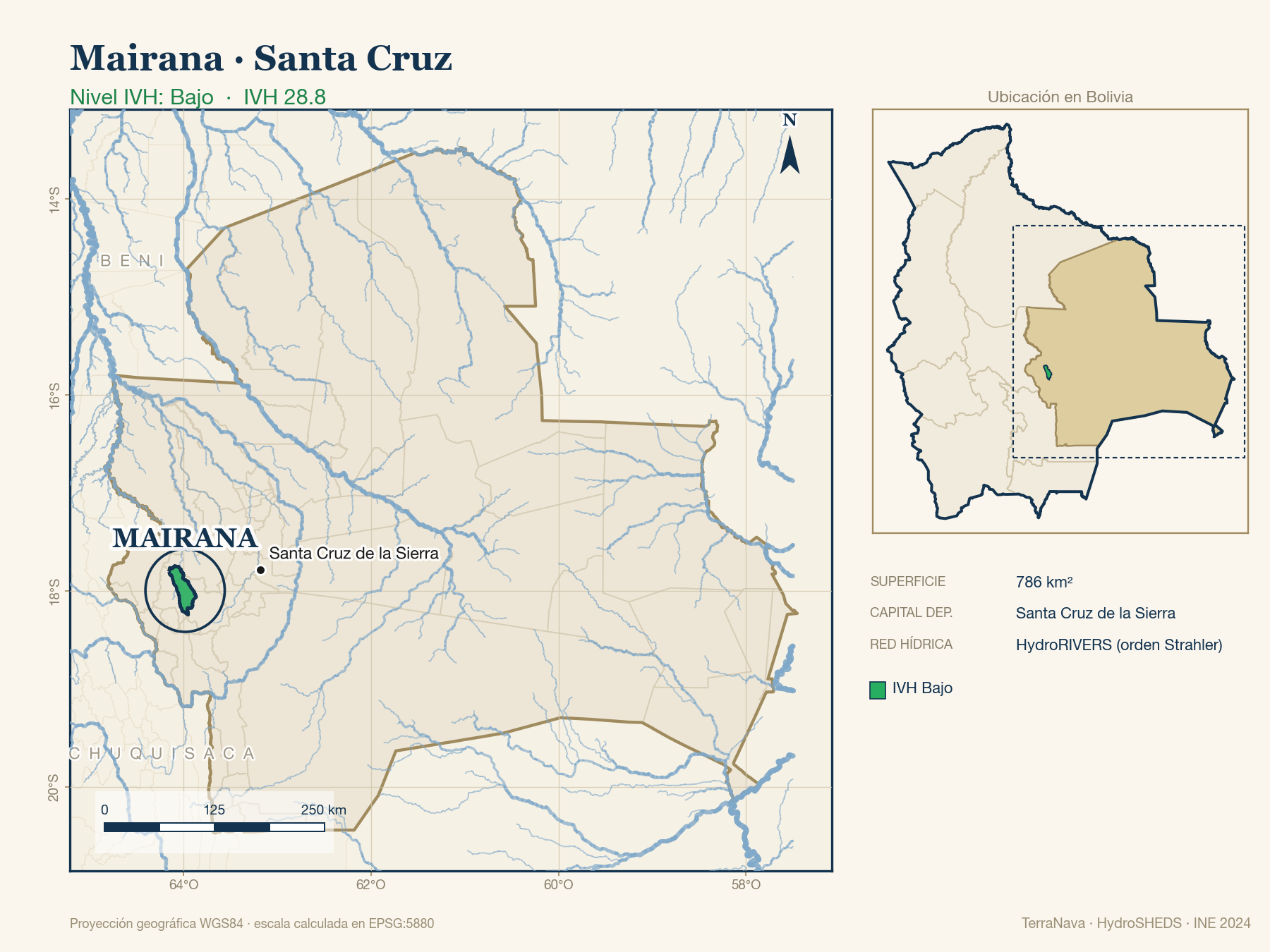 Mapa localizador de Mairana (Santa Cruz): zoom departamental con red hídrica HydroRIVERS, municipio destacado por nivel IVH y ubicación en Bolivia