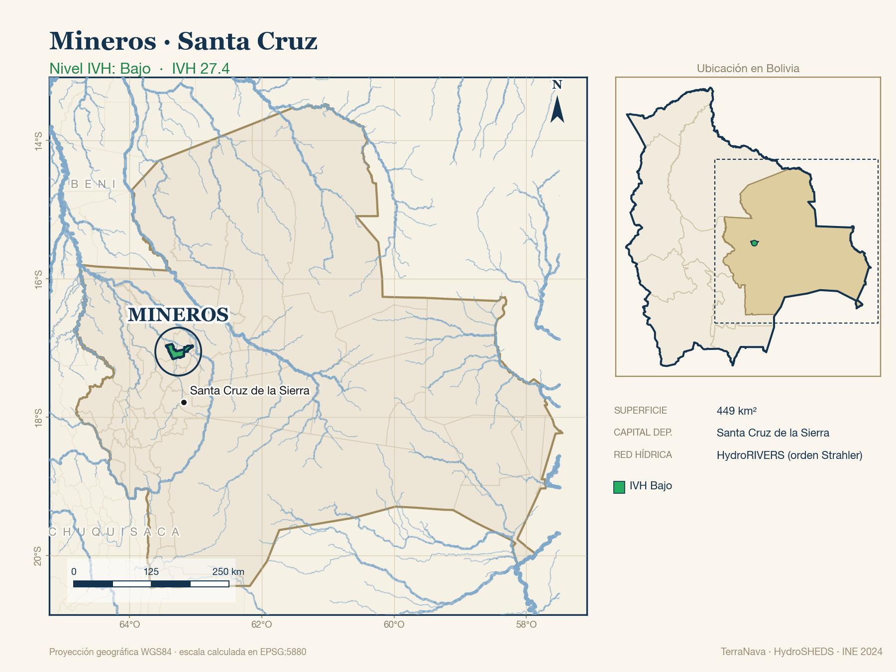 Mapa localizador de Mineros (Santa Cruz): zoom departamental con red hídrica HydroRIVERS, municipio destacado por nivel IVH y ubicación en Bolivia