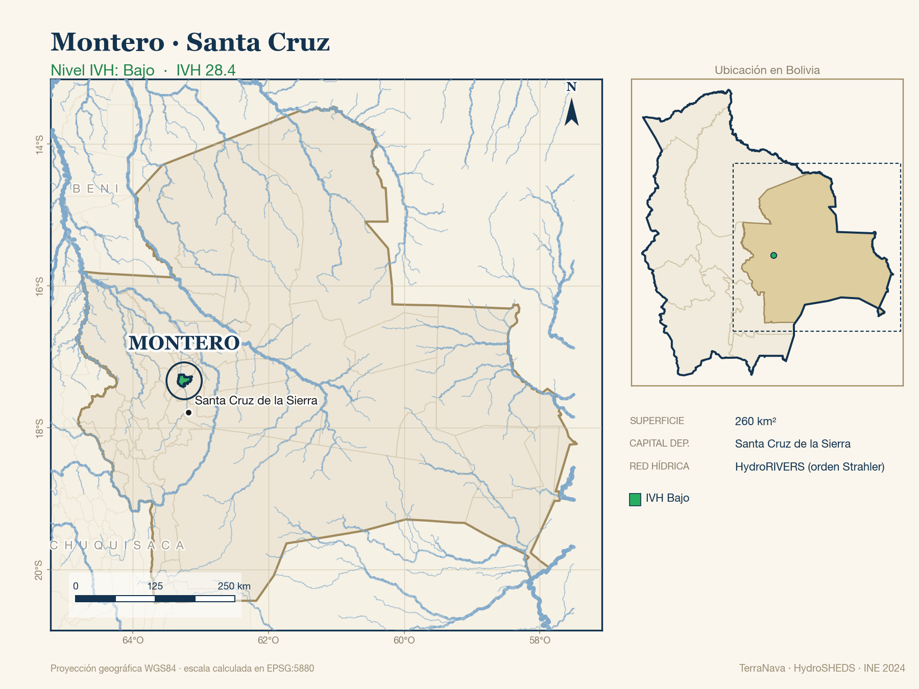 Mapa localizador de Montero (Santa Cruz): zoom departamental con red hídrica HydroRIVERS, municipio destacado por nivel IVH y ubicación en Bolivia