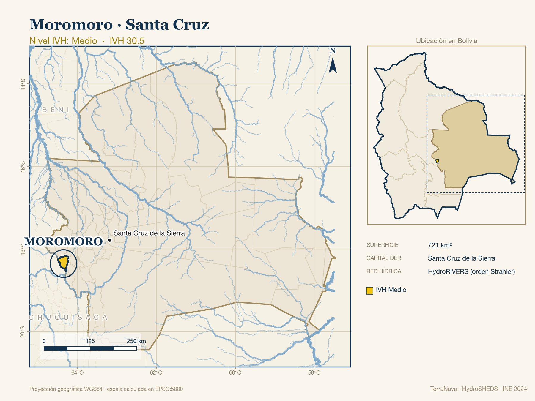 Mapa localizador de Moromoro (Santa Cruz): zoom departamental con red hídrica HydroRIVERS, municipio destacado por nivel IVH y ubicación en Bolivia
