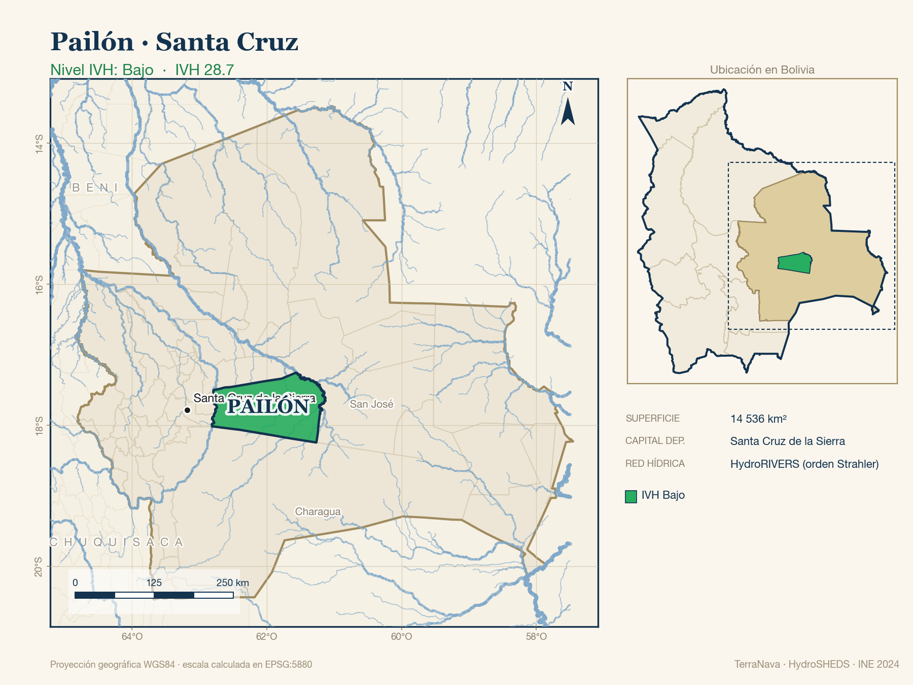 Mapa localizador de Pailón (Santa Cruz): zoom departamental con red hídrica HydroRIVERS, municipio destacado por nivel IVH y ubicación en Bolivia