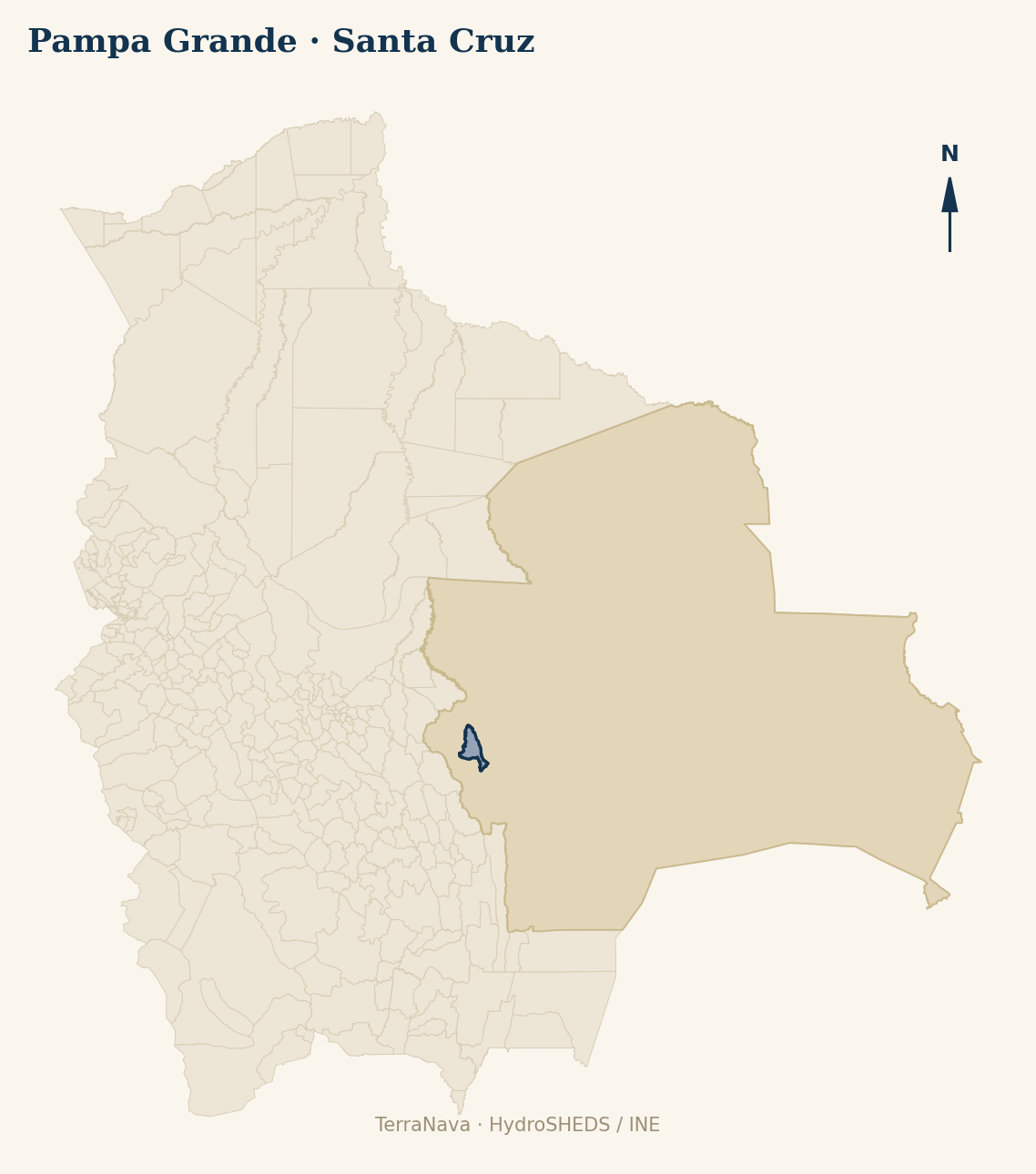 Mapa localizador de Pampa Grande (Santa Cruz): zoom departamental con red hídrica HydroRIVERS, municipio destacado por nivel IVH y ubicación en Bolivia