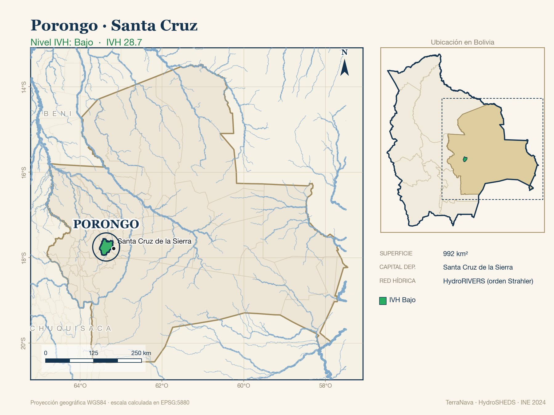 Mapa localizador de Porongo (Santa Cruz): zoom departamental con red hídrica HydroRIVERS, municipio destacado por nivel IVH y ubicación en Bolivia