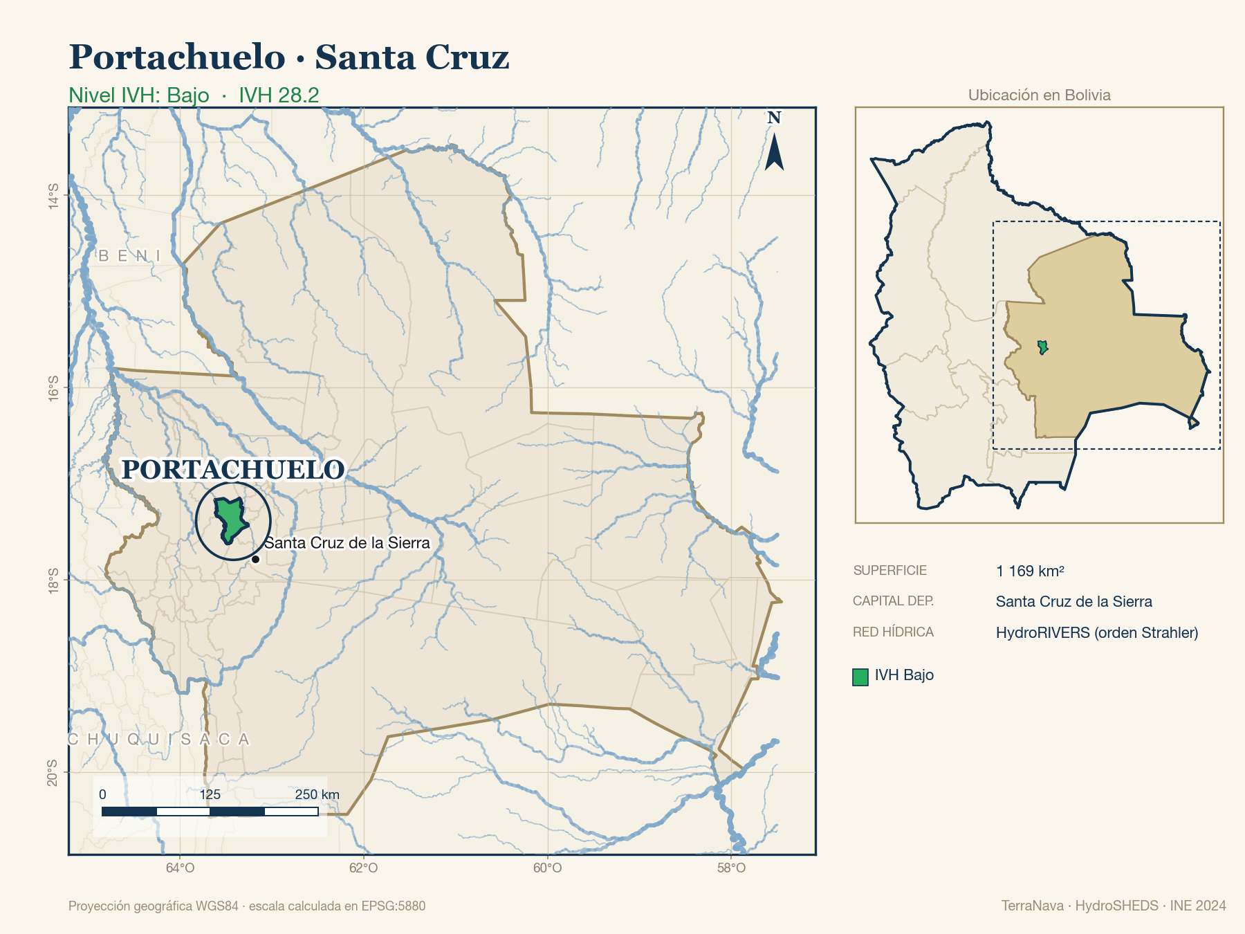 Mapa localizador de Portachuelo (Santa Cruz): zoom departamental con red hídrica HydroRIVERS, municipio destacado por nivel IVH y ubicación en Bolivia