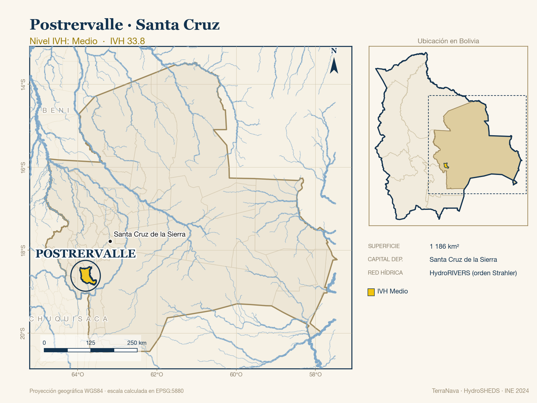 Mapa localizador de Postrervalle (Santa Cruz): zoom departamental con red hídrica HydroRIVERS, municipio destacado por nivel IVH y ubicación en Bolivia