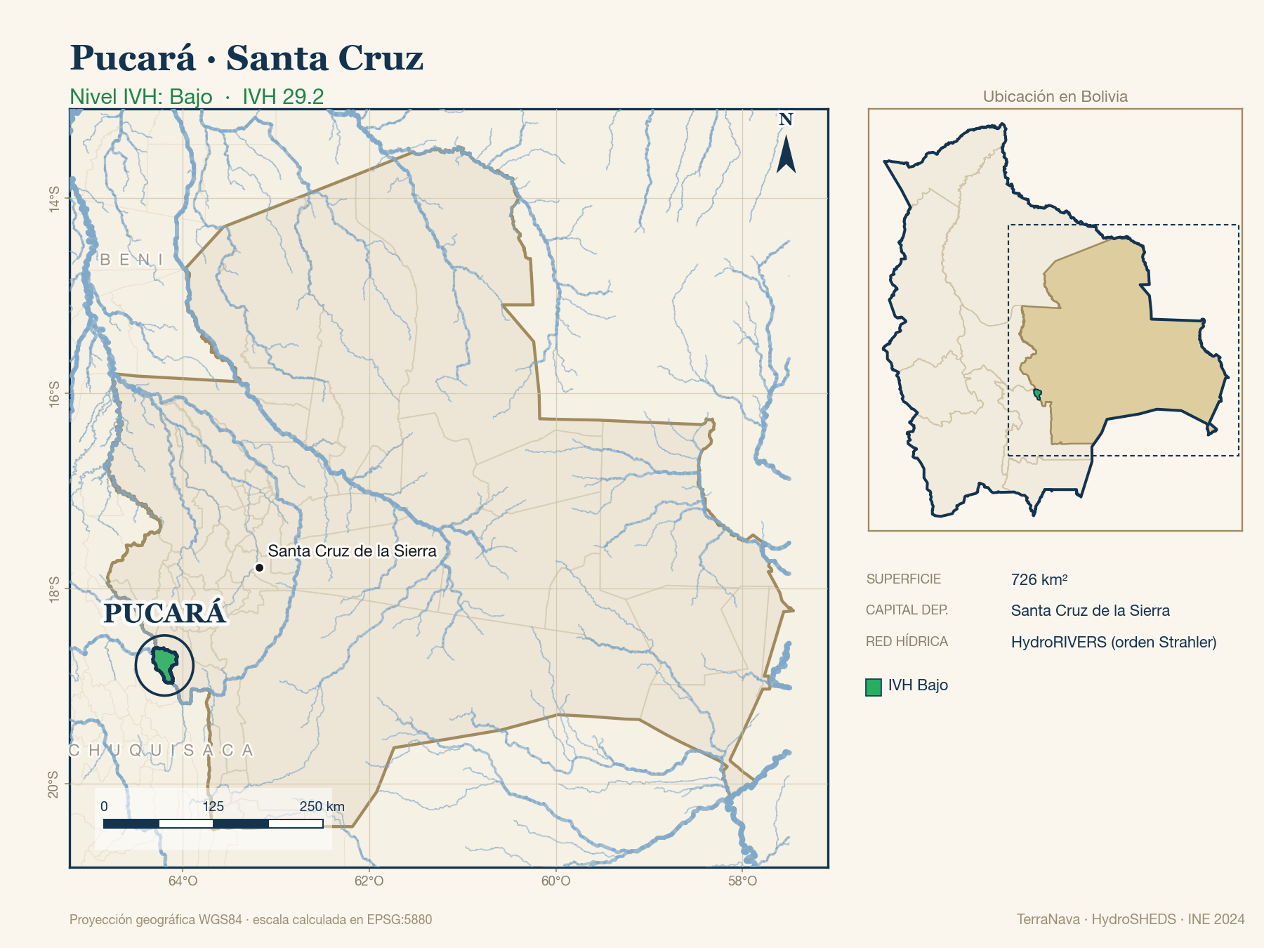 Mapa localizador de Pucará (Santa Cruz): zoom departamental con red hídrica HydroRIVERS, municipio destacado por nivel IVH y ubicación en Bolivia
